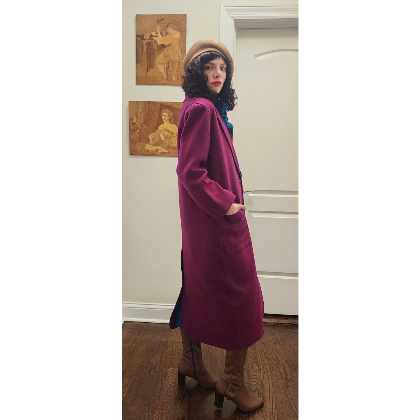 Vintage 80s Purple Wool Coat Perry Ellis Portfolio w/Removable Gray Liner Vest Duster