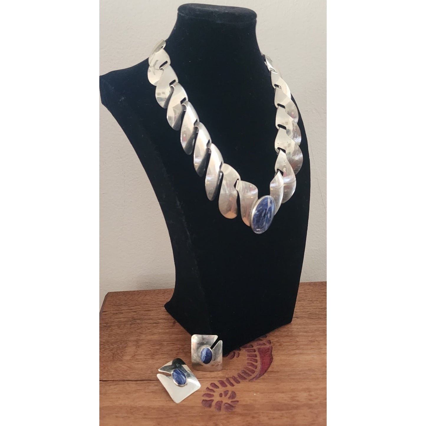 Vintage 80s FLORELLE Necklace Earring Set Sterling Silver & Blue Sodalite