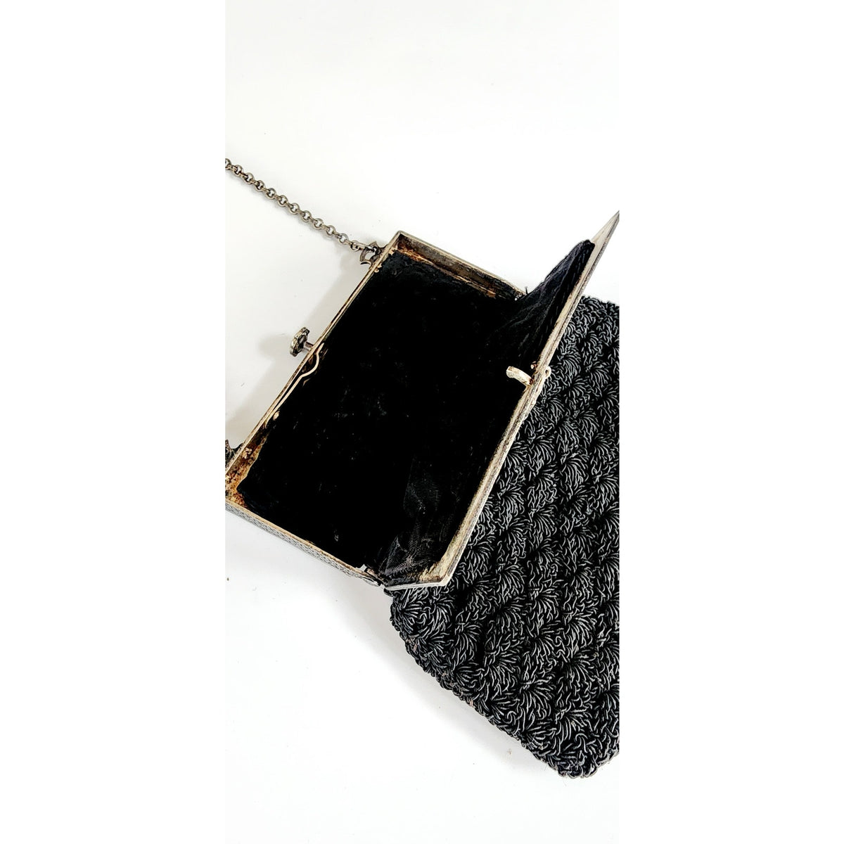 Antique Evening Bag Edwardian Purse Black Crochet Silver Etched Frame 1900s