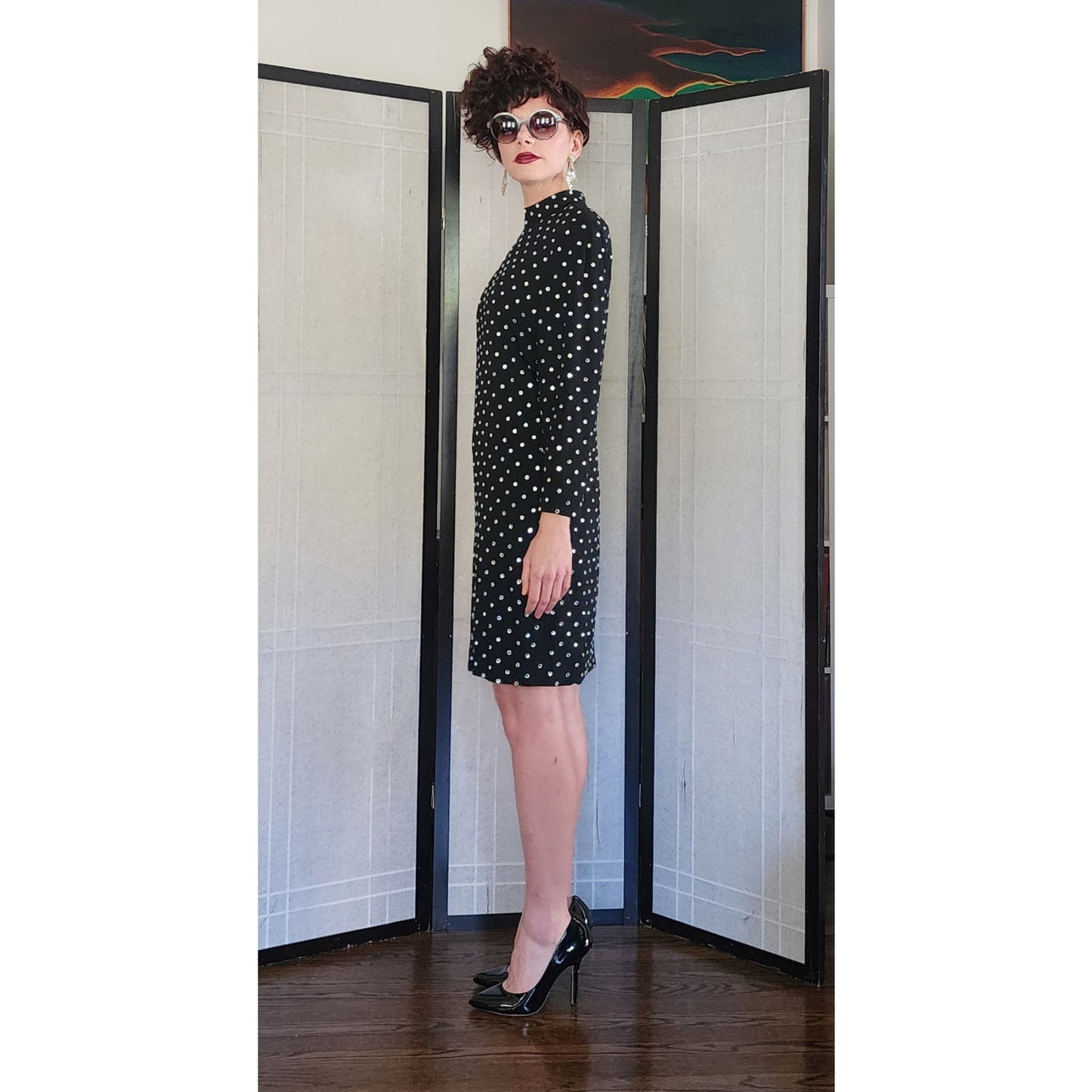 Vintage 80s Rhinestone Beaded Dress Black Long Sleeves by Richilene / M