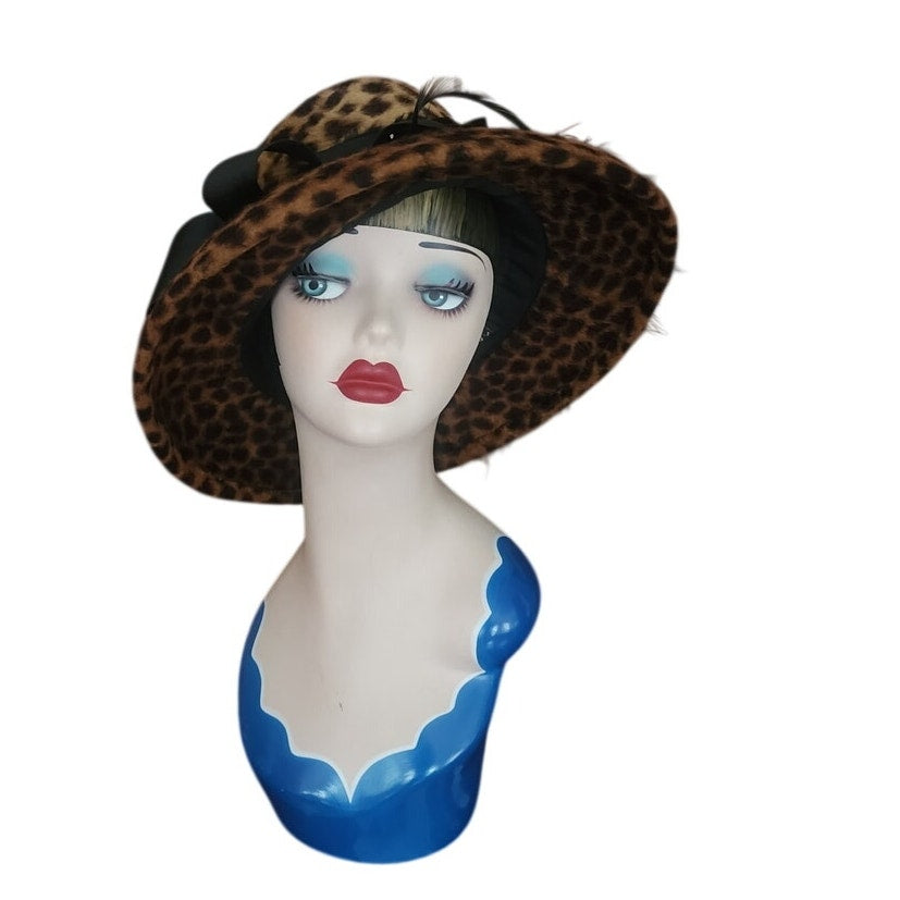 Vintage Y2K Carluci Millinery Animal Print Hat Wide Brimmed w/Bow & Feathers