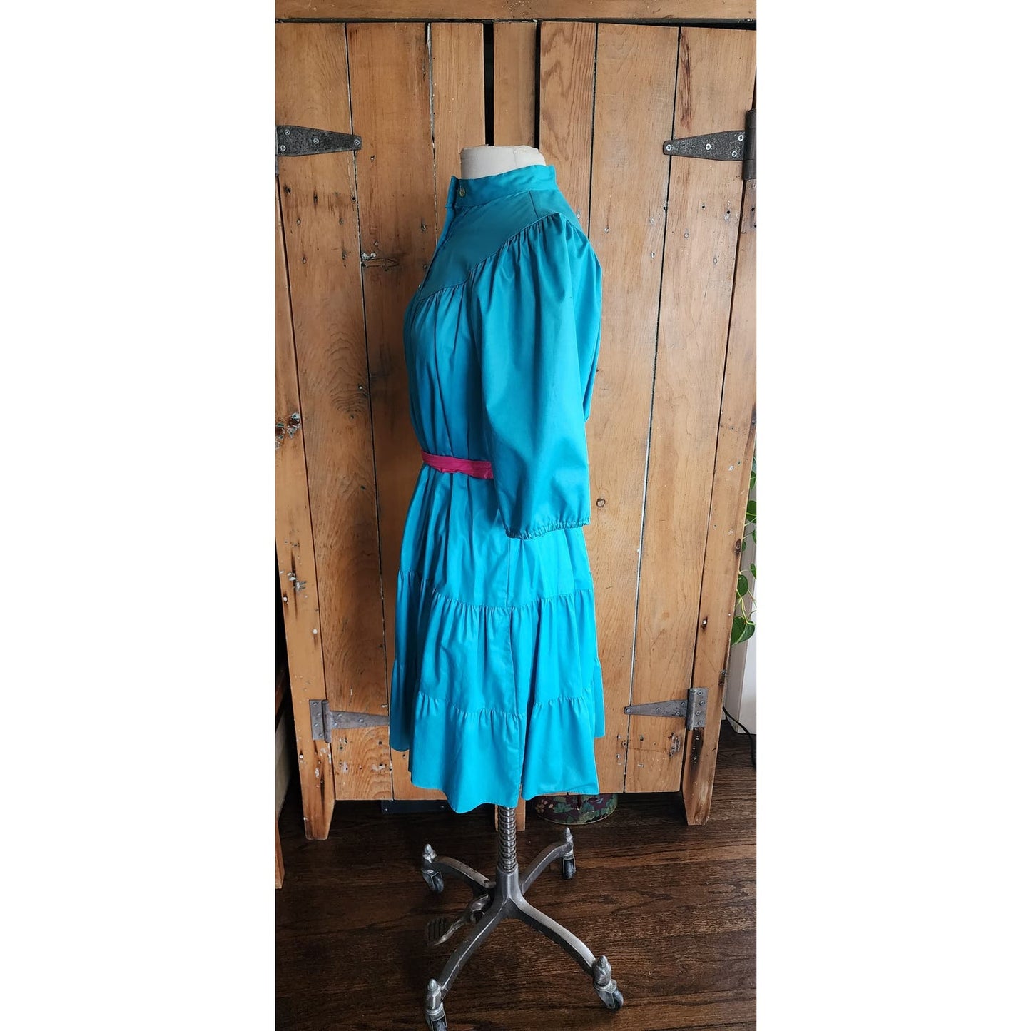 Vintage 80s Blue Day Dress Puffed Sleeves Pink Belt Betsy's Things