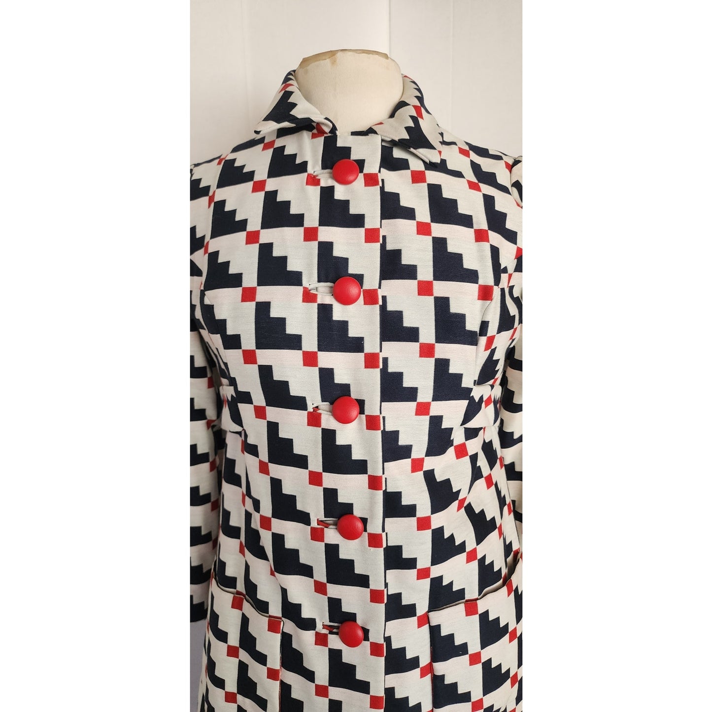Vintage 60s Mod Dress Suit / Coat Set Geometric Print Navy Blue Red White