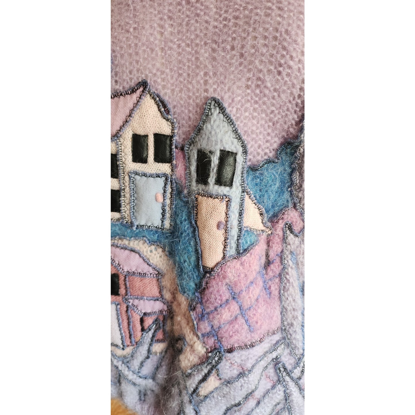 80s Purple Sweater in Embroidered Mohair Village Scene Applique by Vashti New Zealand