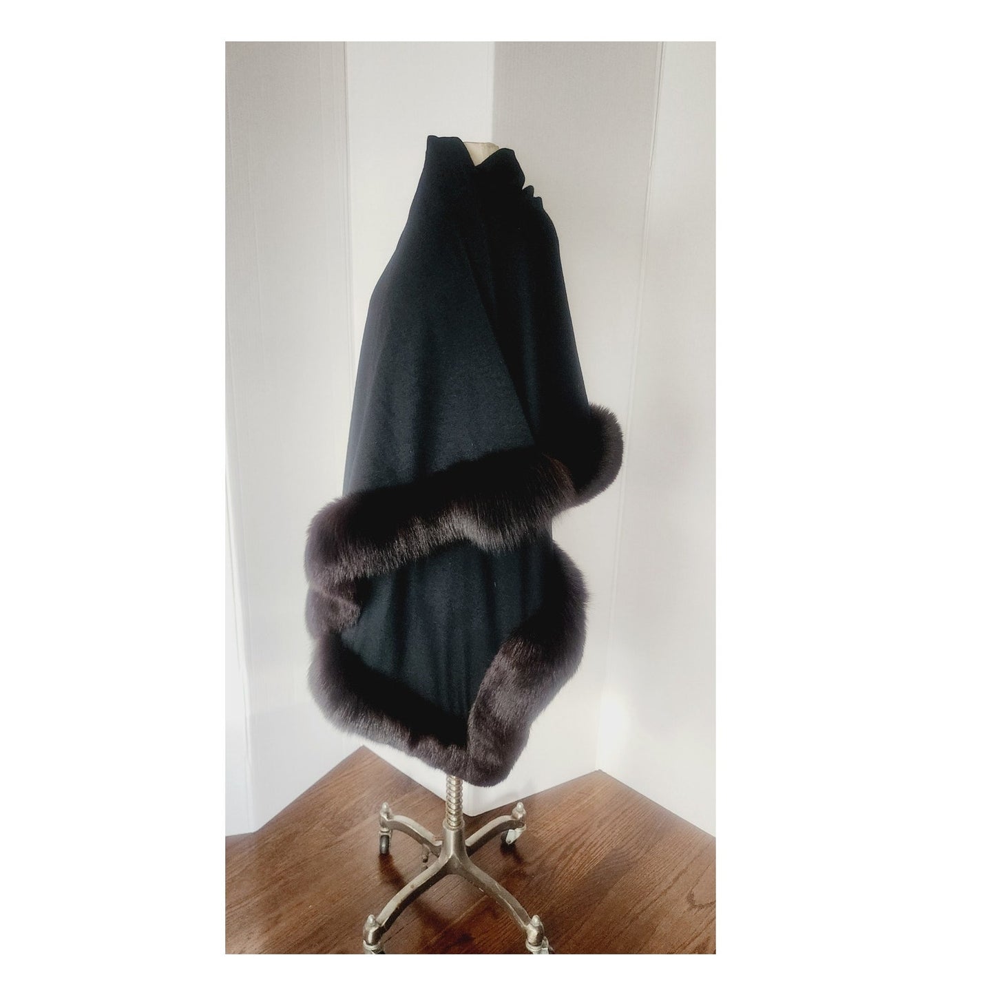Vintage Sable Fur Lined Wrap in Black Wool
