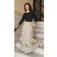 Vintage 70s Boho Maxi Dress Black Knit Top Cream Windowpane Skirt Floral Crissa Italy
