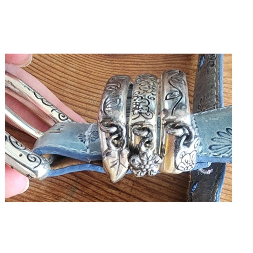 Vintage 1990s Brighton Belt Baby Blue Tooled Leather Silver Charms Waist 28