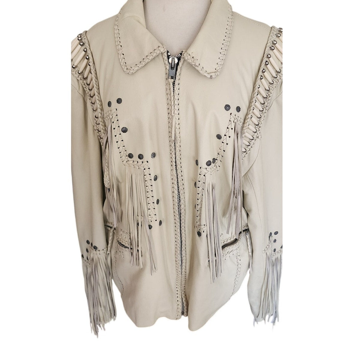 Vintage 1980s White Leather Jacket SUNRIDERS Fringe, Studs & Bone Beads XXL
