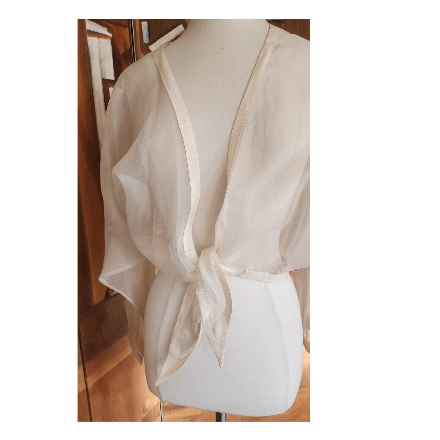 Vintage 90s White Sheer Organza Silk Blouse Tie Front Summer Jacket Victoria March Chicago
