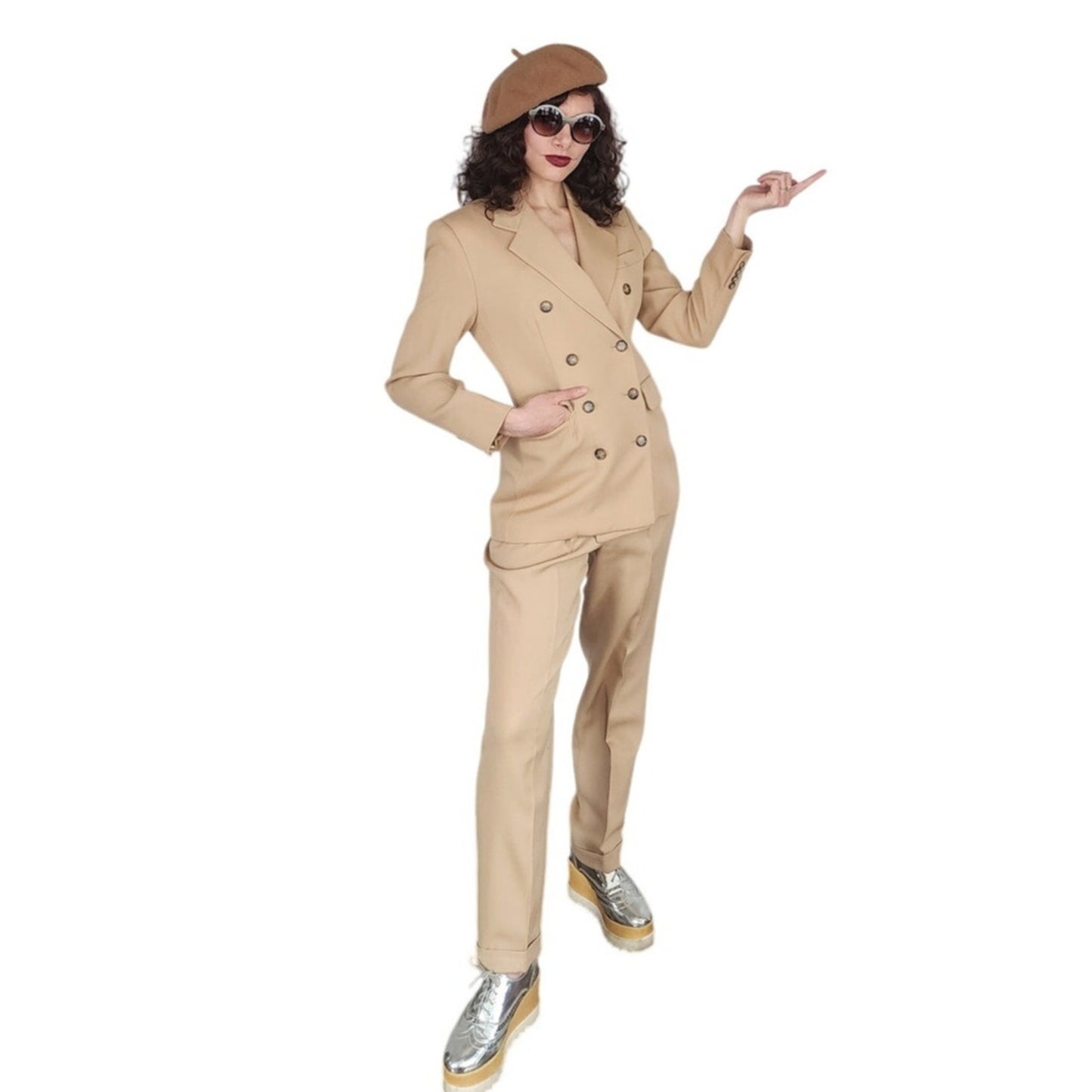 Vintage 1990s Cream Wool Pant Suit Double Breasted Blazer Evan Picone