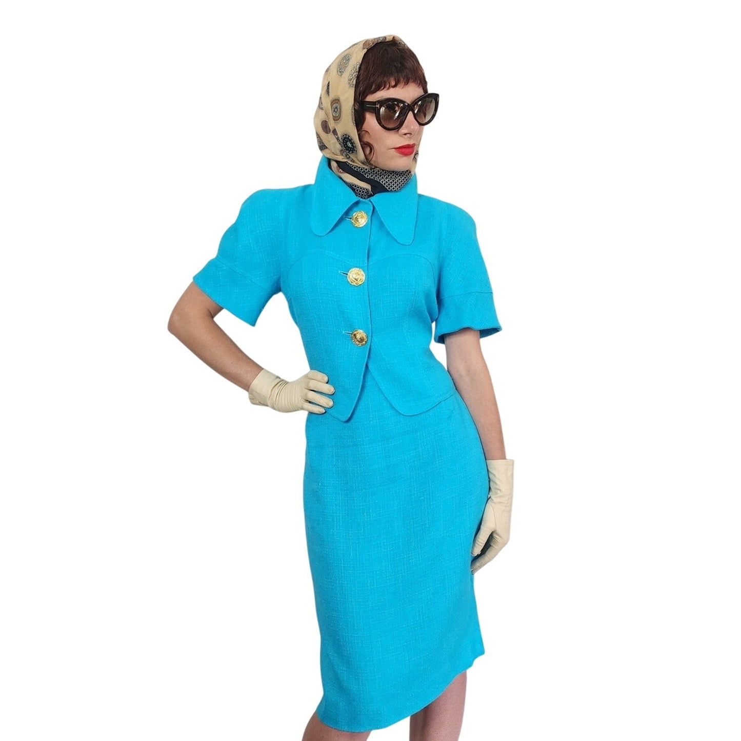 Vintage 1990s Christian Lacroix Skirt Suit Turquoise Blue + Gold Buttons / M