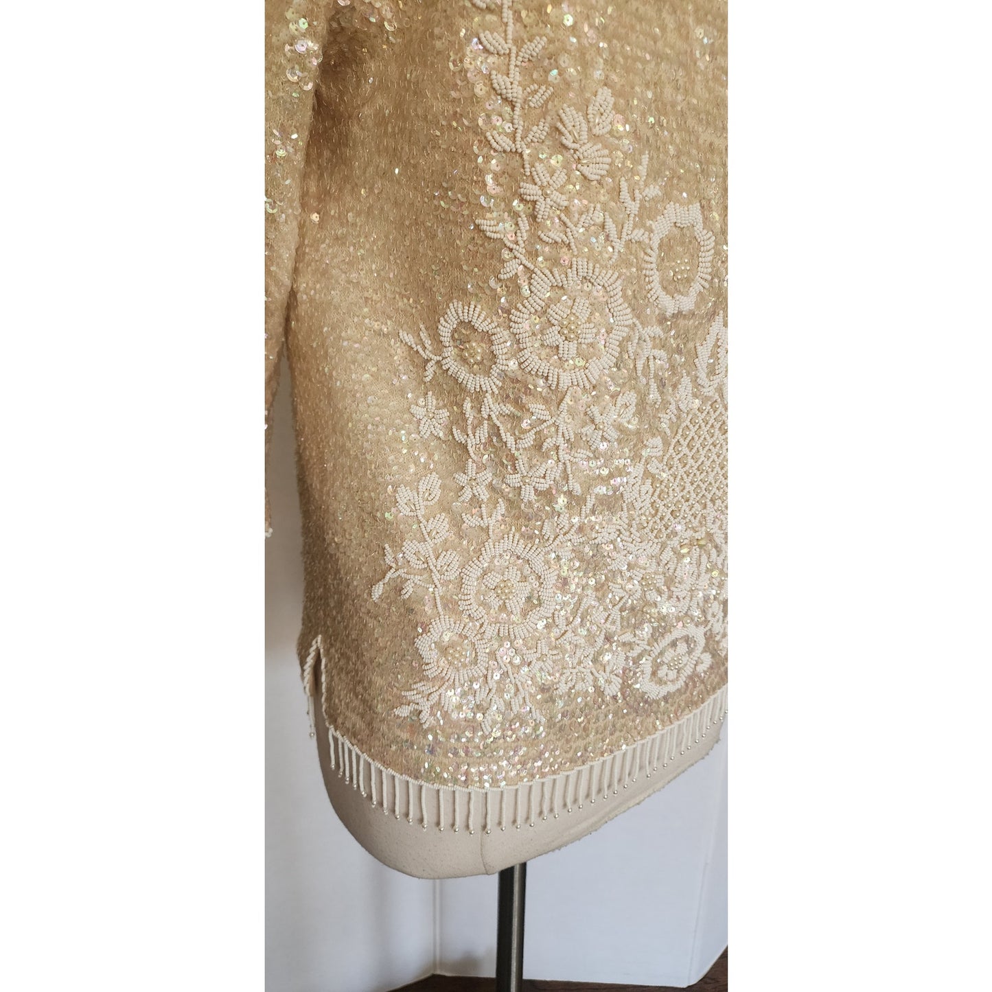 Vintage 60s Beaded Sequined Top Cream Wool Long Sleeved Regalia Imports Hong Kong