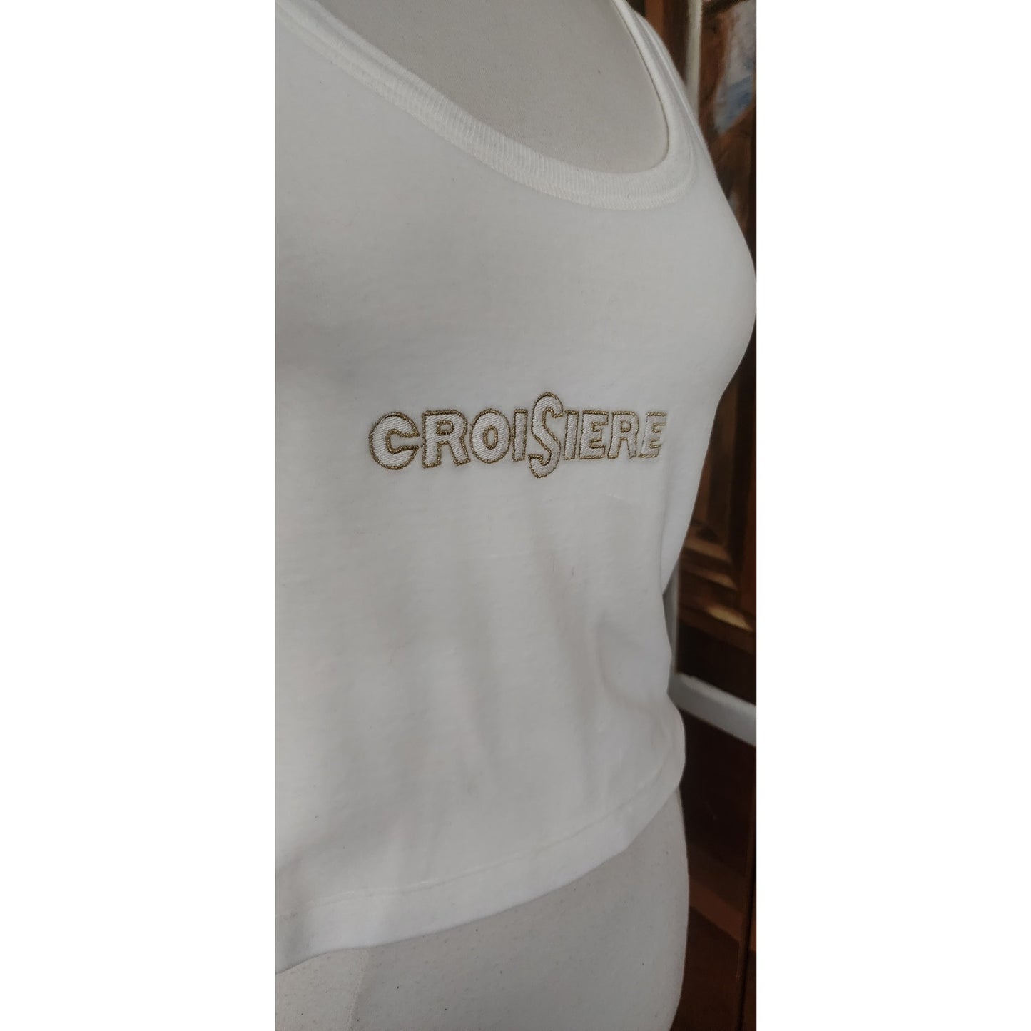 Vintage 1990s Sonia Rykiel Velour Top White Gold Tank Shell Embroidered  CROISIERE Cruise