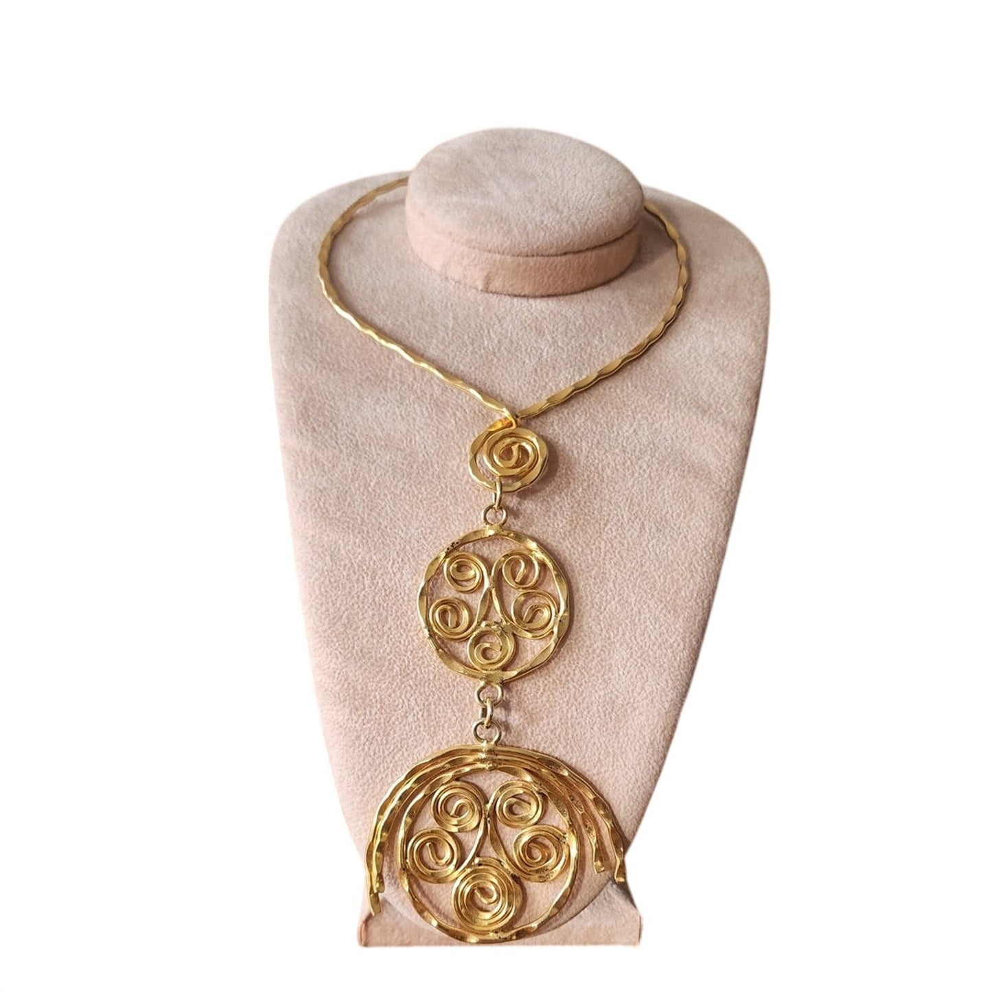 Vintage 1970s Gold Necklace Spiral Disc Cascade Ancient Greek Style