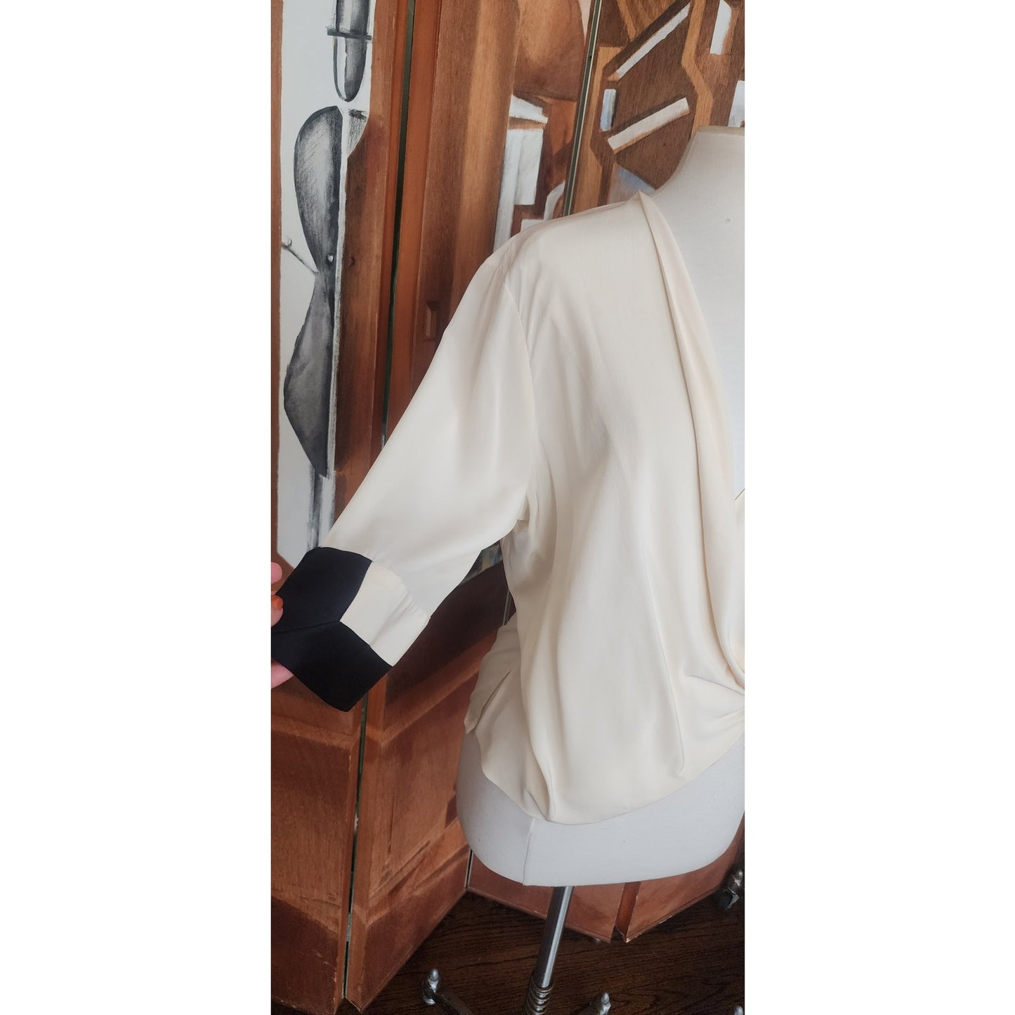 Vintage 90s Gianfranco Ferre Cream Silk Wrap Blouse Black Cuffs Asymmetrical Top