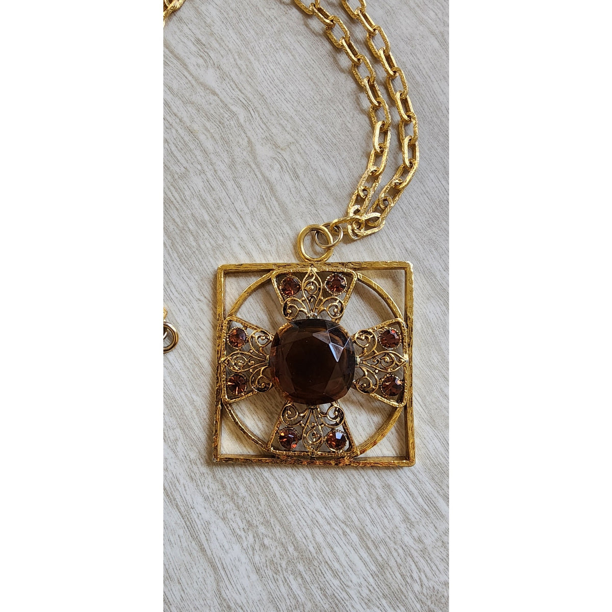 Vintage 1960s Maltese Cross Necklace Baroque Pendant Purple Brown Gold Maximalist Boho
