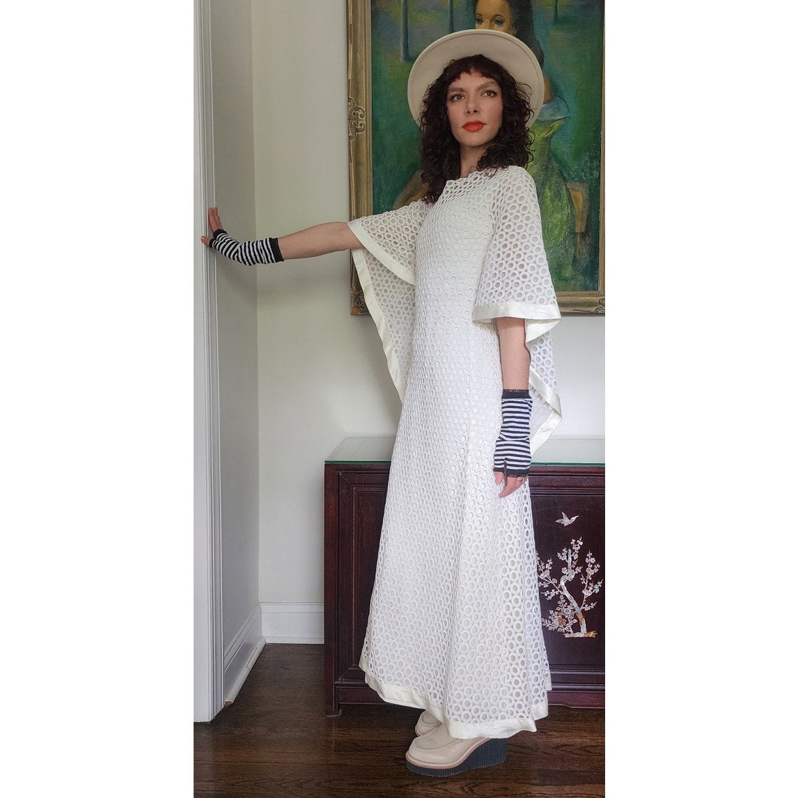 Vintage 70s White Maxi Dress Openwork Crochet Bridal Dress w/Capelet