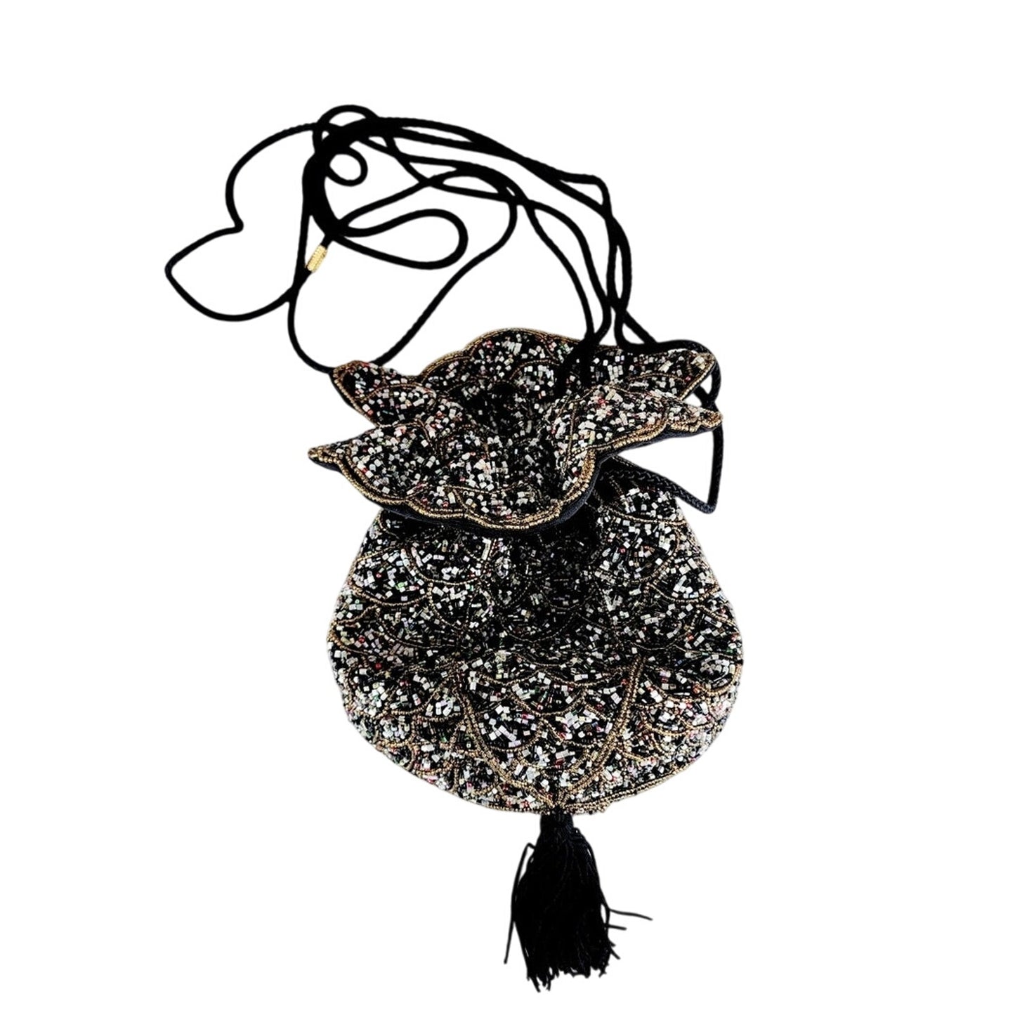Vintage Beaded Evening Bag Black Silk Drawstring Crossbody Purse