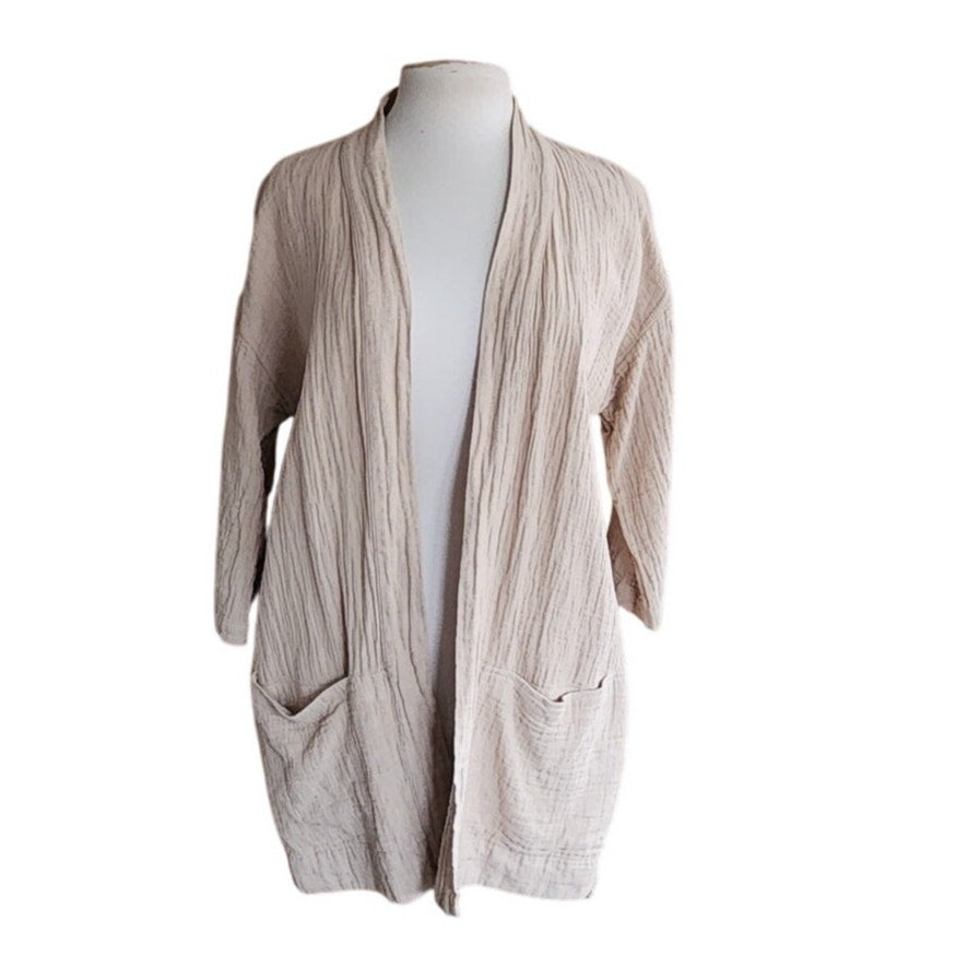 Eileen Fisher Beige Jacket Organic Cotton Linen Blazer Open Front / M