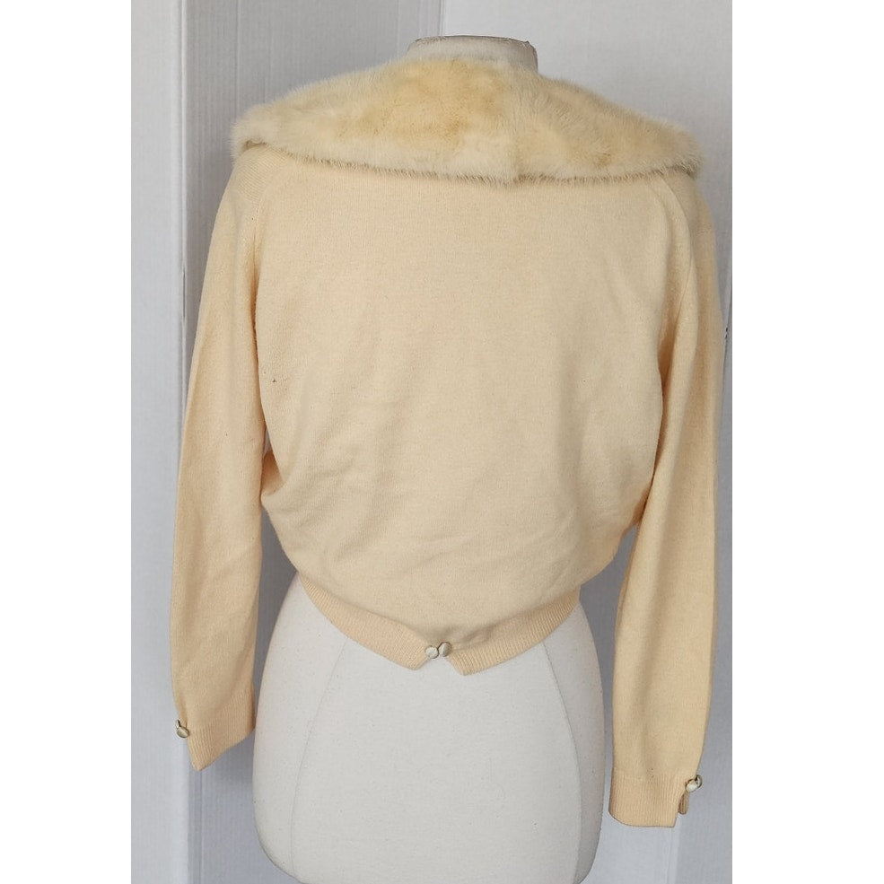 Vintage 50s Cardigan Cream Cashmere Sweater w/Blonde Mink