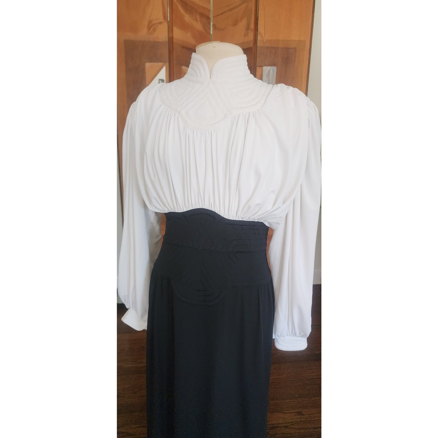 Vintage 80s Neo Edwardian Dress White Ruched Top Black Skirt Long Sleeves / M