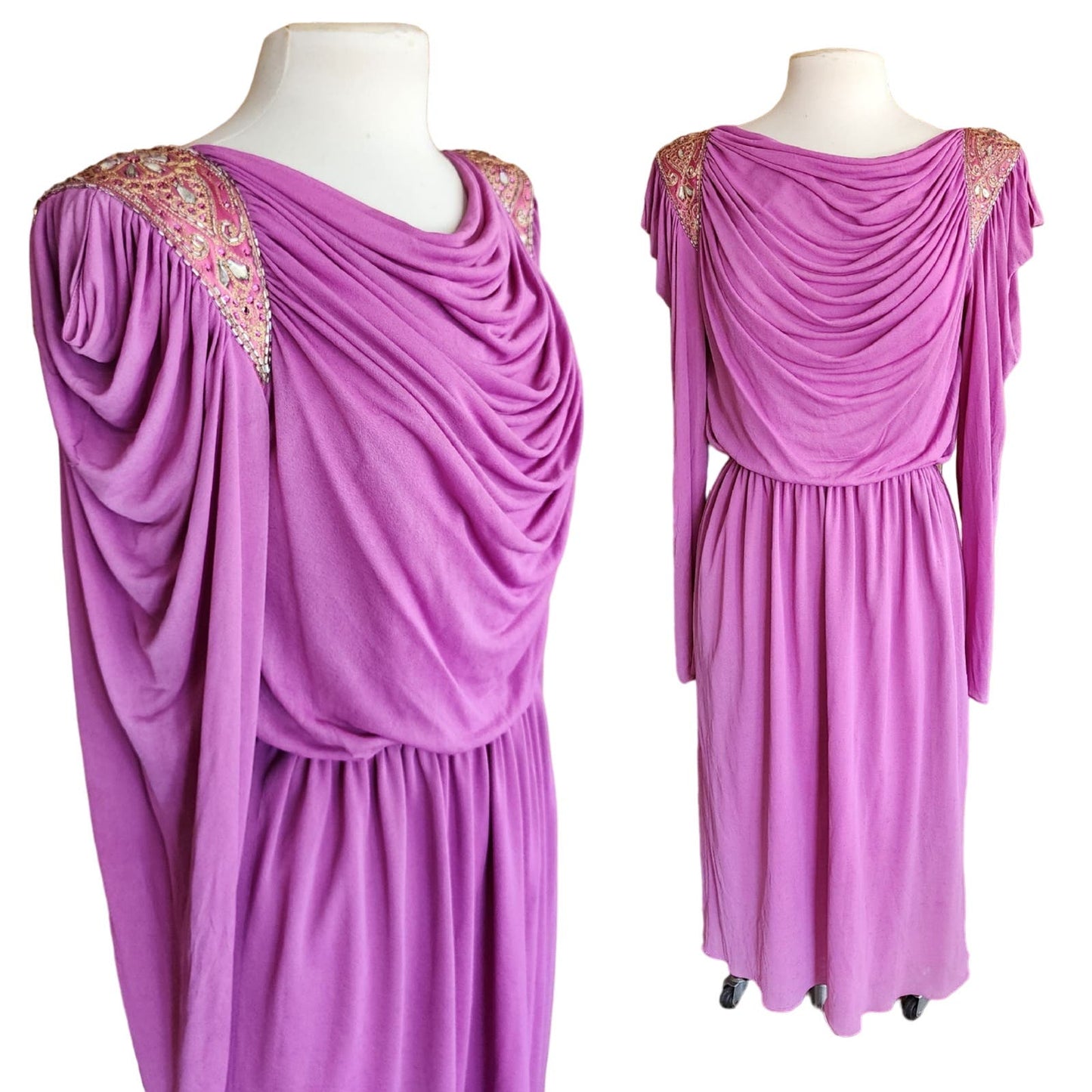Vintage 80s Purple Evening Dress Grecian Drape Torso Beaded Shoulders Jonathan Hitchcock