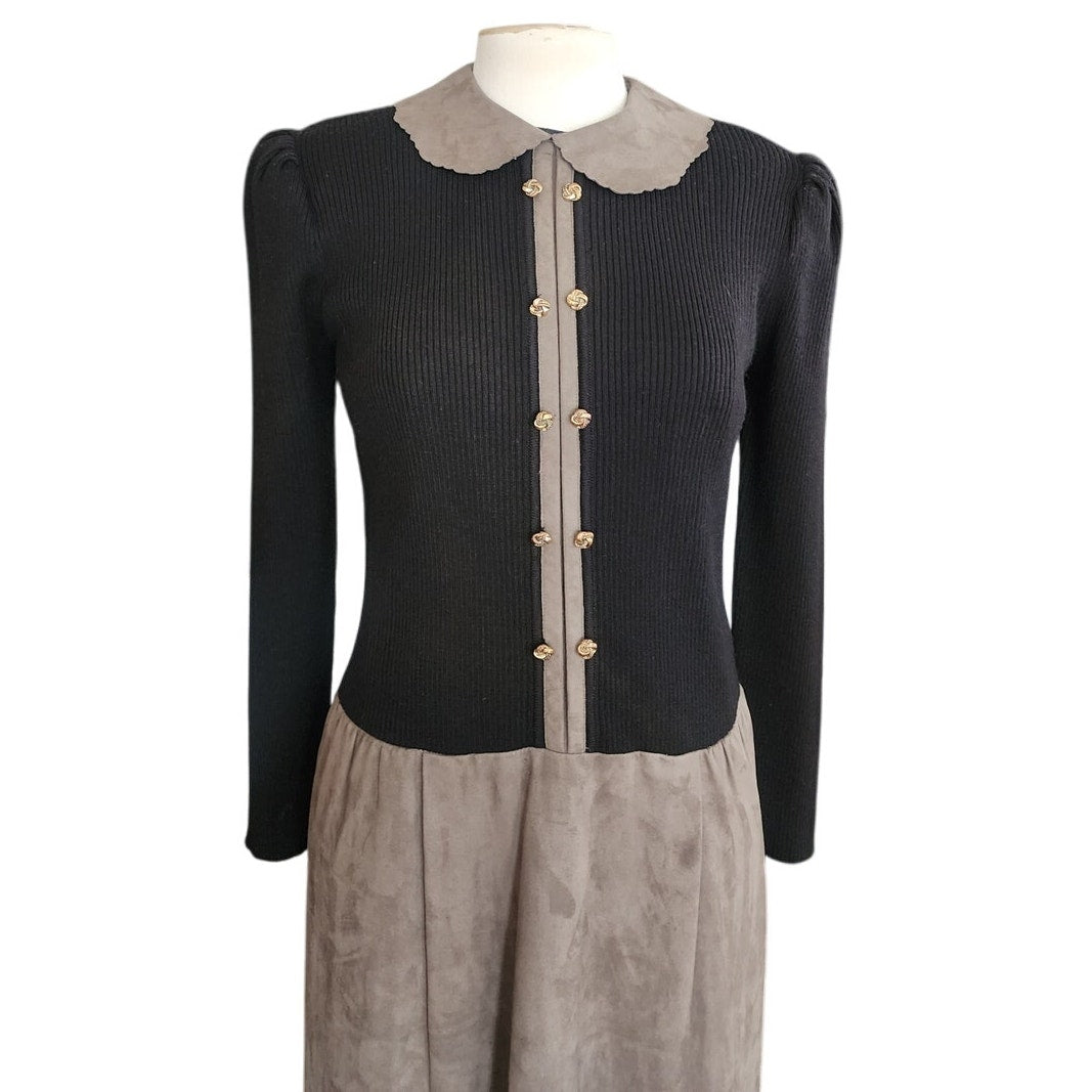 Vintage 1980s CIAO Dress Drop Waist Black Knit Gray Faux Suede / M