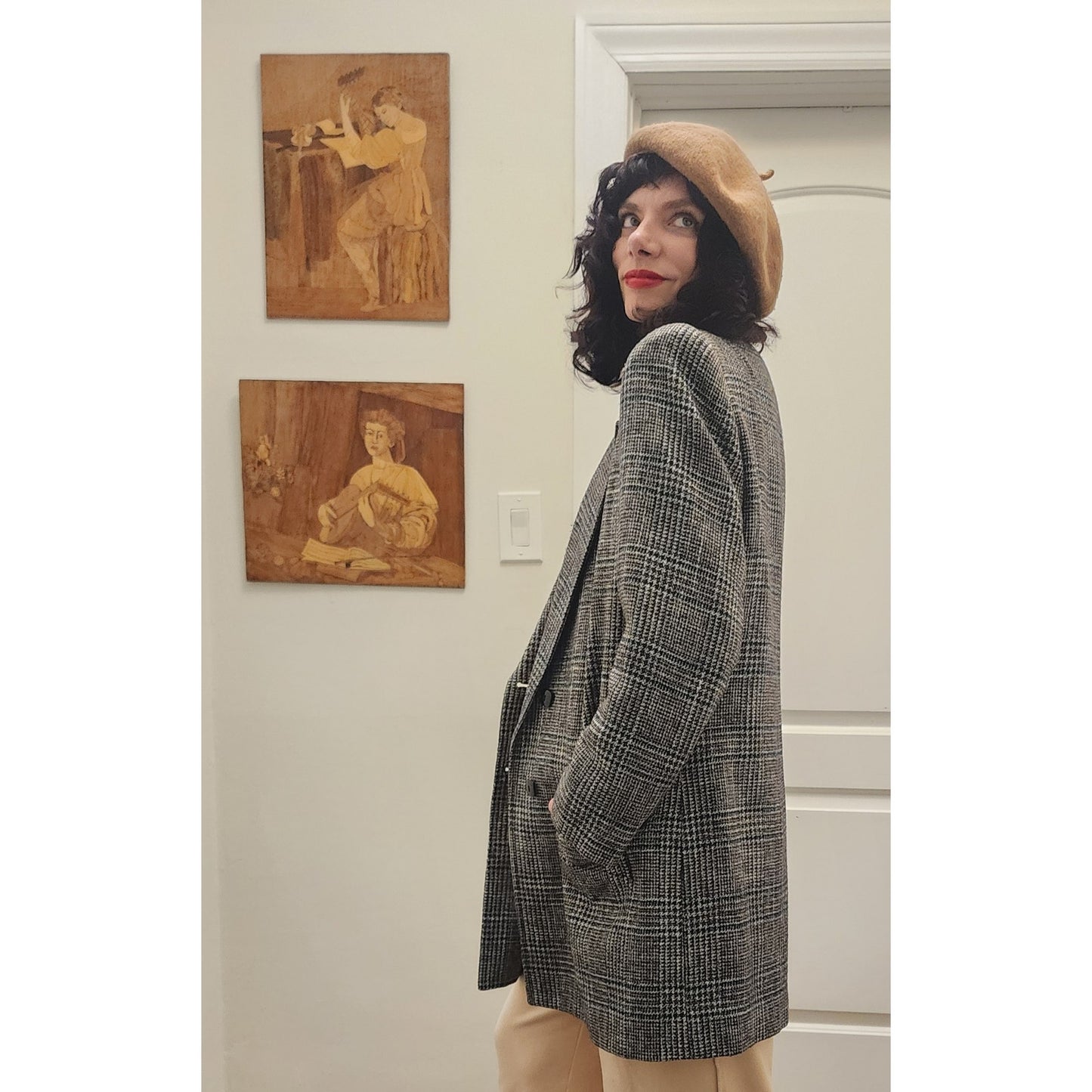 Vintage 80s Long Blazer Lilli Ann Houndstooth Wool Jacket Gray Black