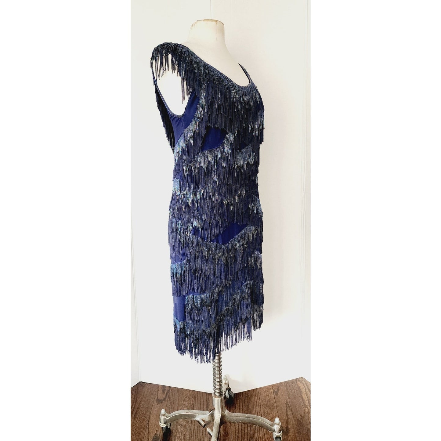 Vintage 2000s Blue Beaded Dress Silk Fringe Flapper Style / Medium