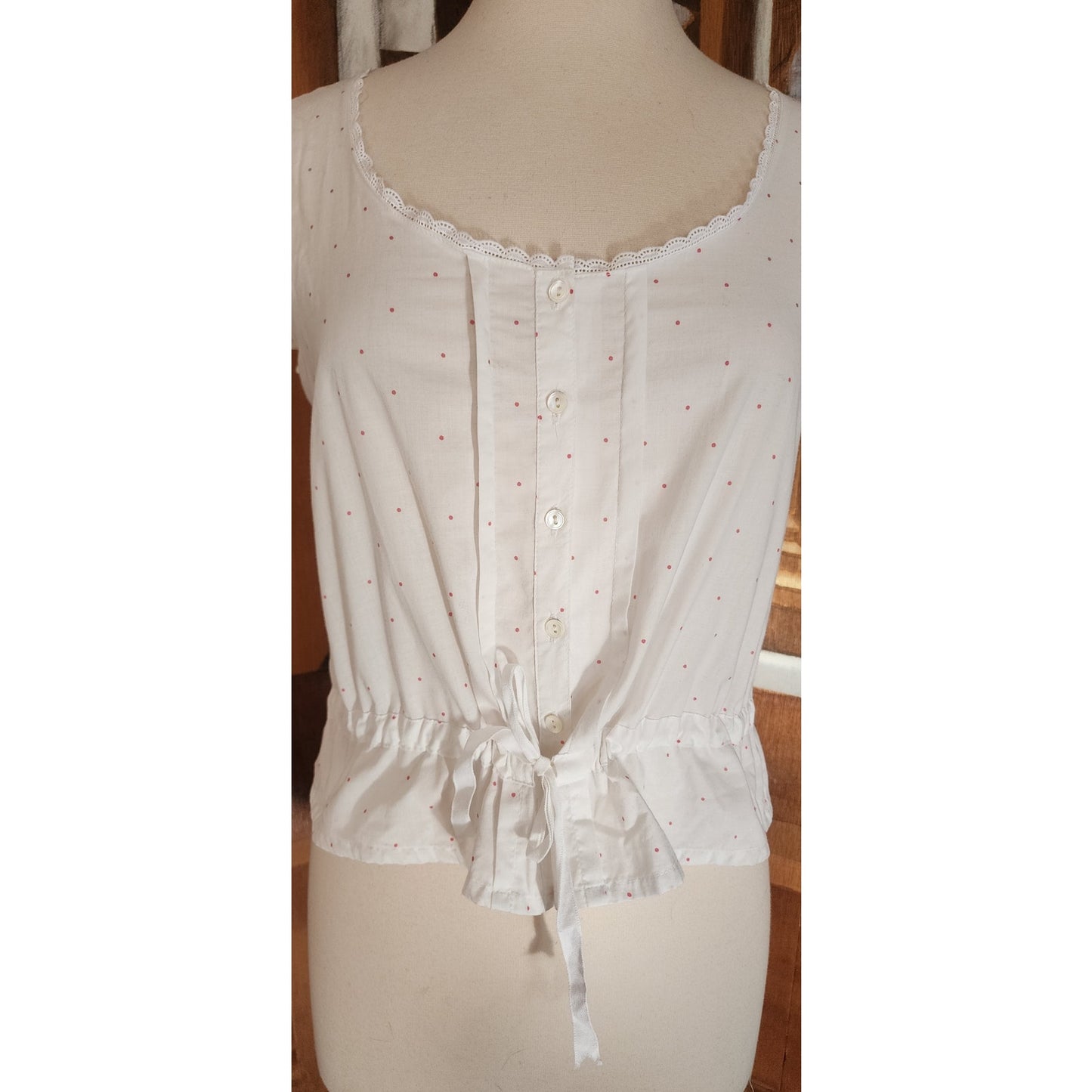 Vintage 80s Laura Ashley White Cotton Eyelet Sleeveless Top Red Micro Polka Dot