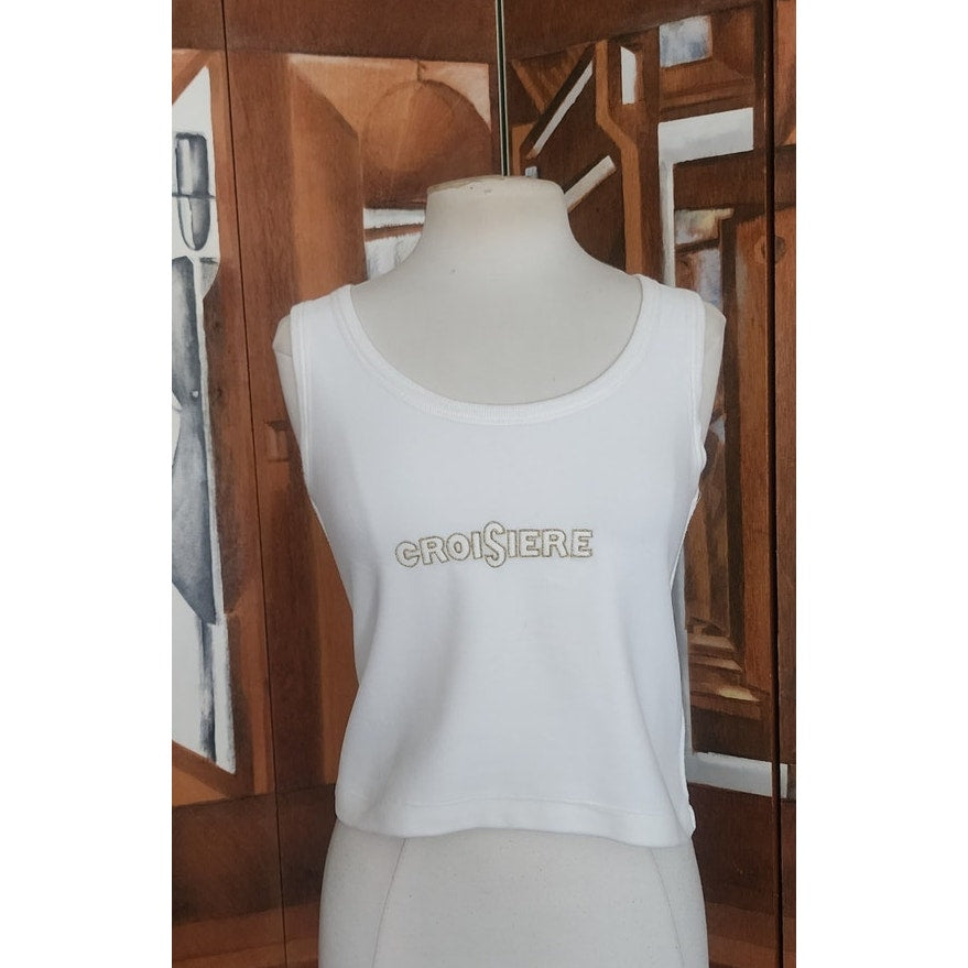 Vintage 1990s Sonia Rykiel Velour Top White Gold Tank Shell Embroidered  CROISIERE Cruise