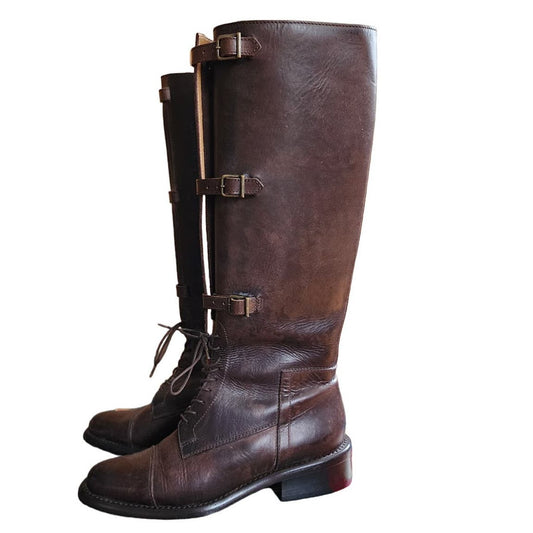 Vintage Brown Leather Knee Boots J Peterman Lace Up +  Buckle Closure 6.5