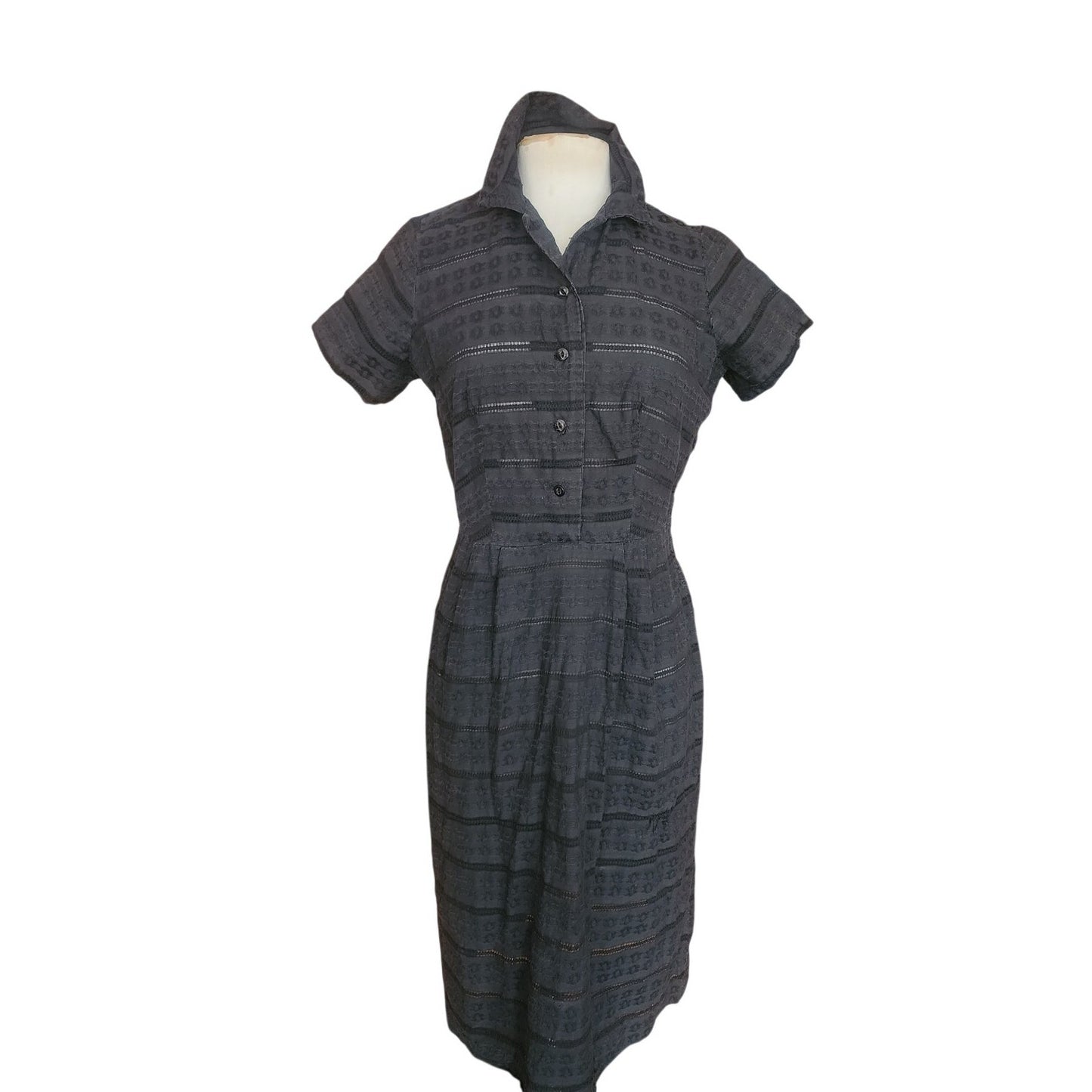 Vintage 50s Black Shirtwaist Day Dress Short Sleeve Textured Stripe Kay Whitney