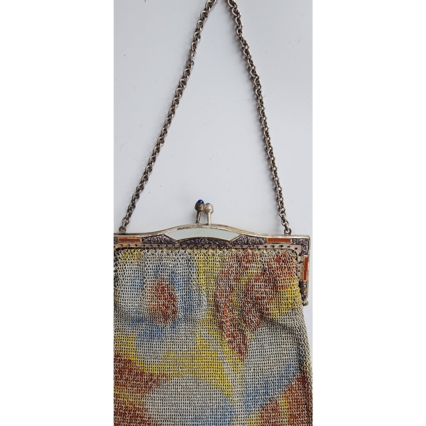 Antique 20s Mesh Bag Watercolor Pattern Art Deco Enamel Frame