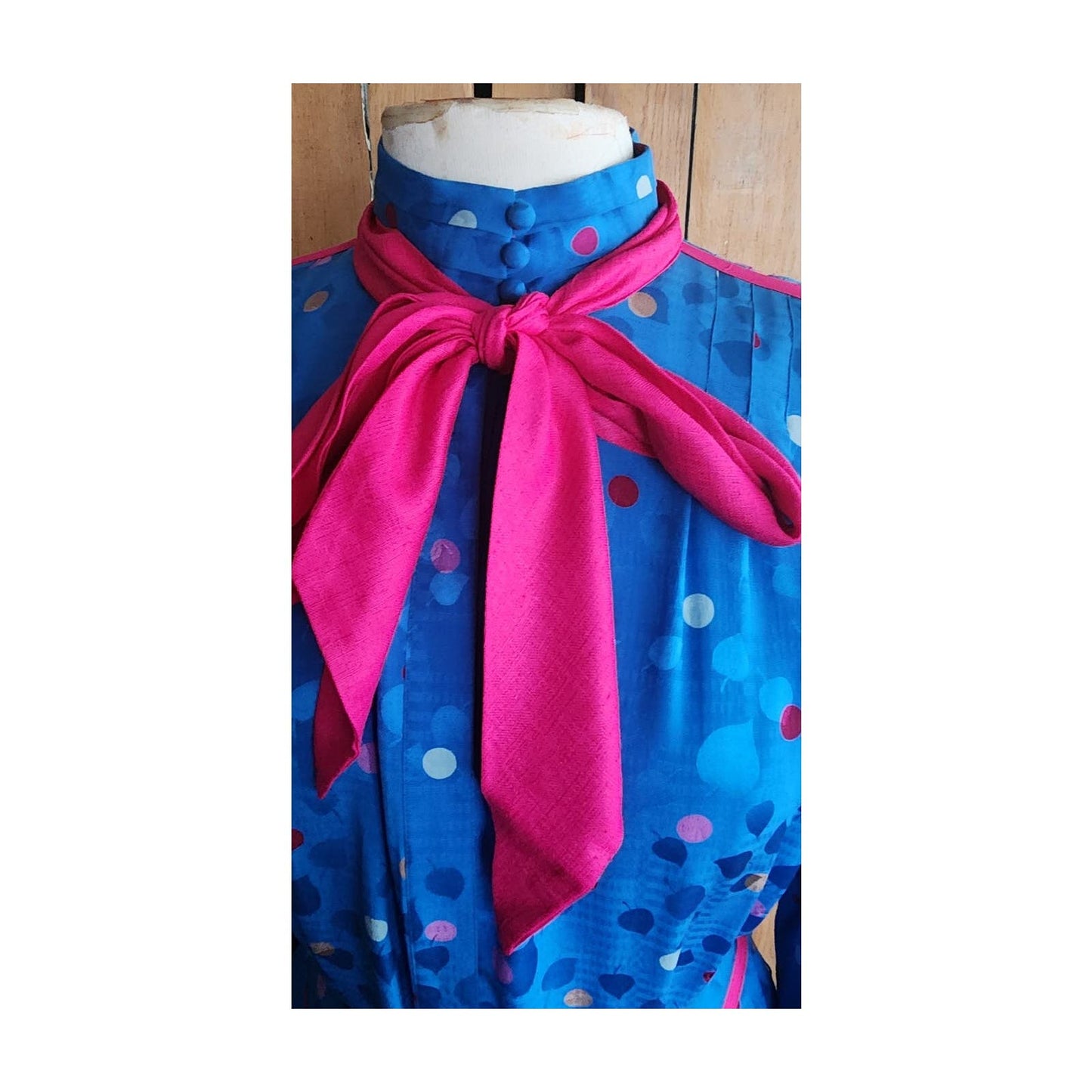 Vintage 80s Blue Silk Dress Polkadot Print Francesca Damon Starington