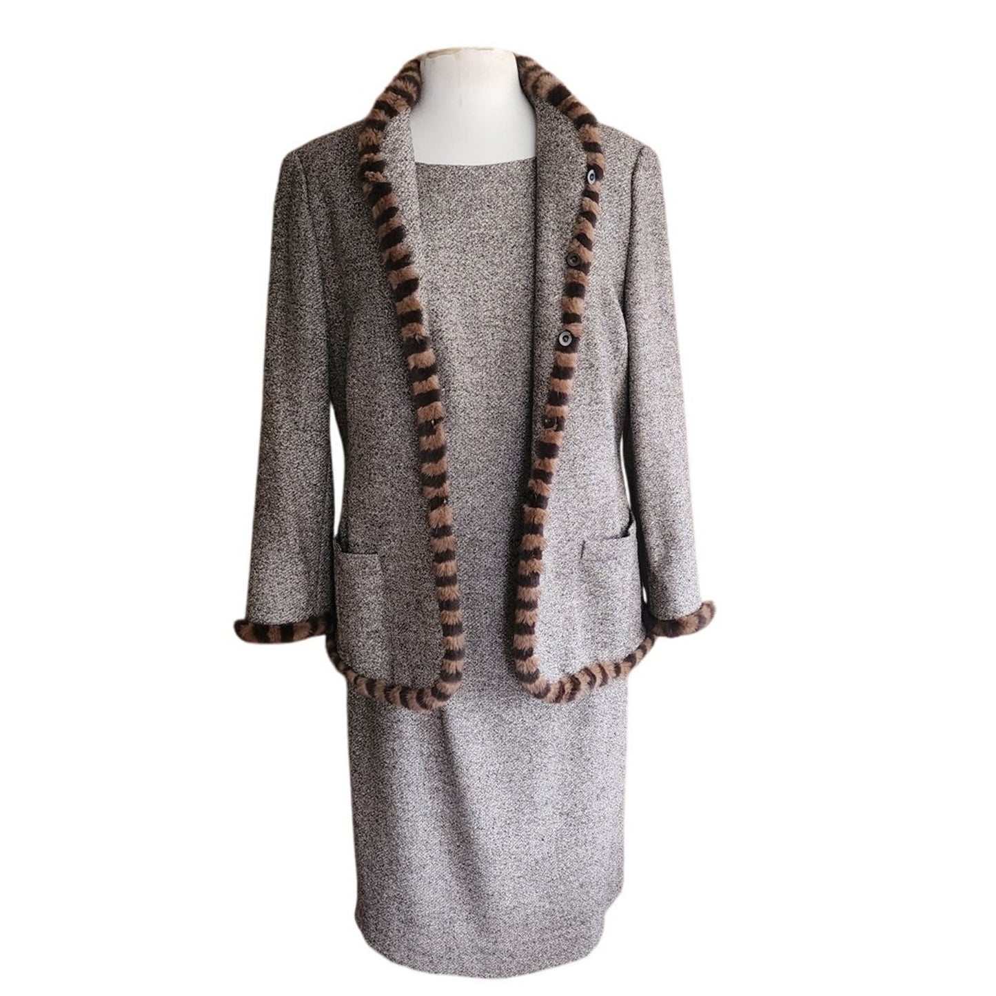 Vintage ESCADA Dress + Jacket Suit Set Alpaca Blend Wool Tweed Striped Mink Fur Trim / L