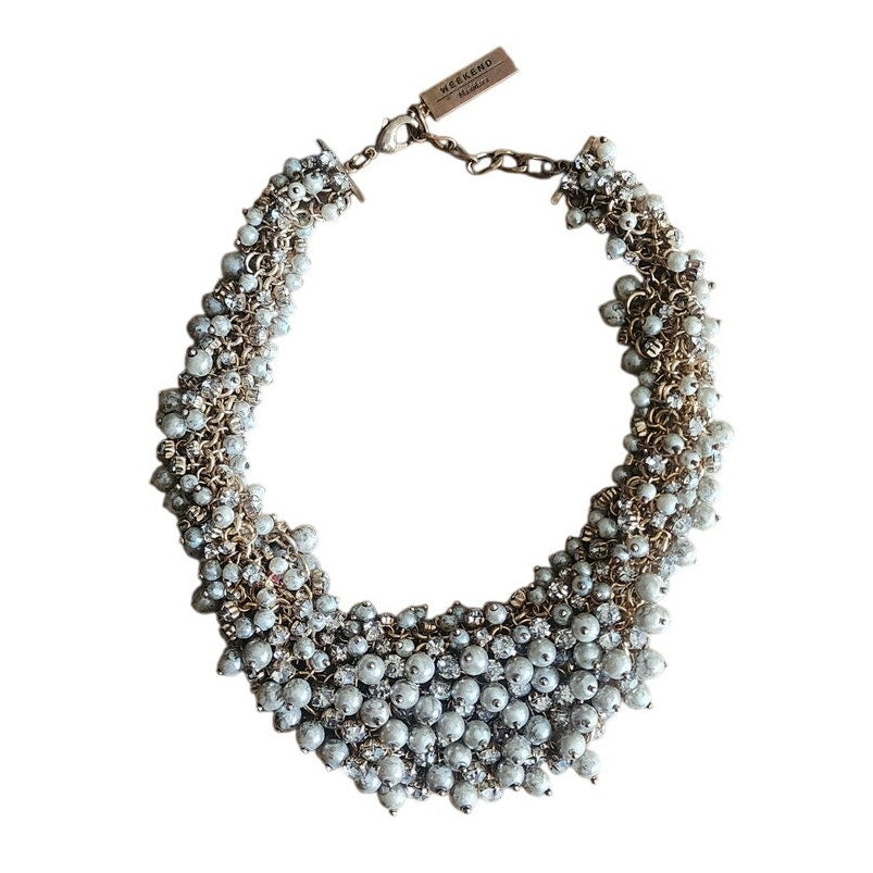 Vintage 2000s Weekend Max Mara Bib Necklace Metallic Cluster Choker Faux Pearl Crystal Cluster