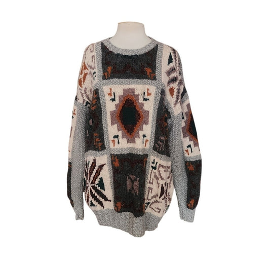 Vintage 1990s Lord & Taylor Ski Sweater Southwestern Geometric Intarsia Gray Wool
