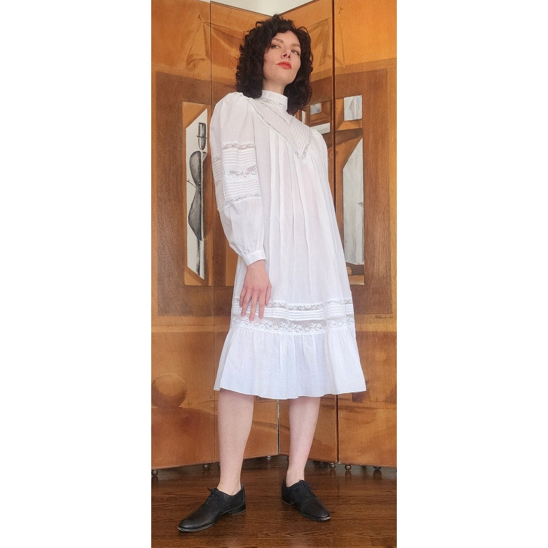 Vintage 80s Ceegee Sue Wong White Cotton Lace Dress Festival Boho Victorian Puff Sleeve