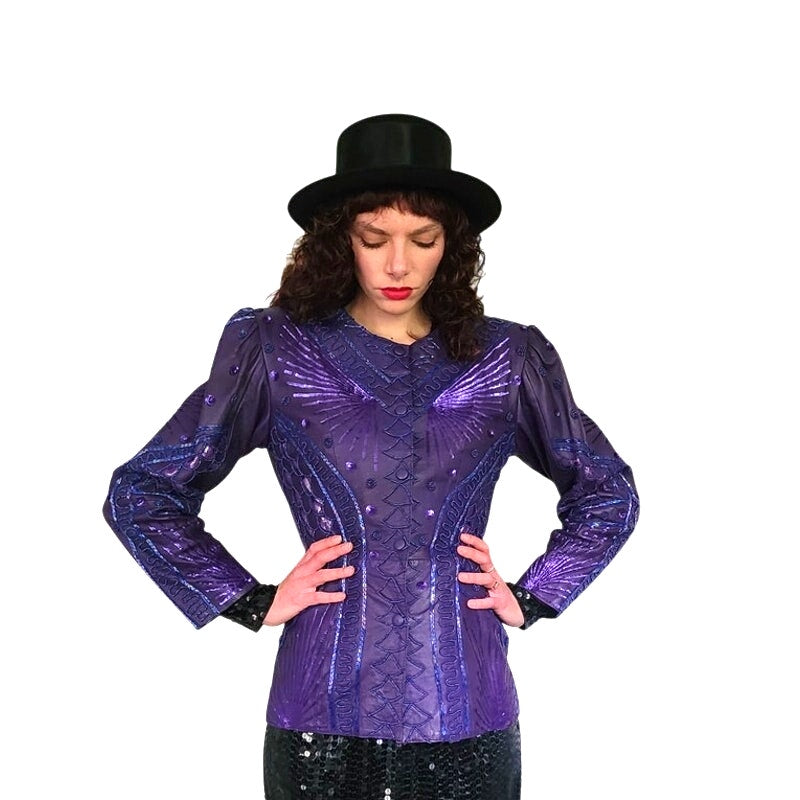 Vintage 80s Purple Leather Blazer Beaded Sequined Jacket French Collizioni / M