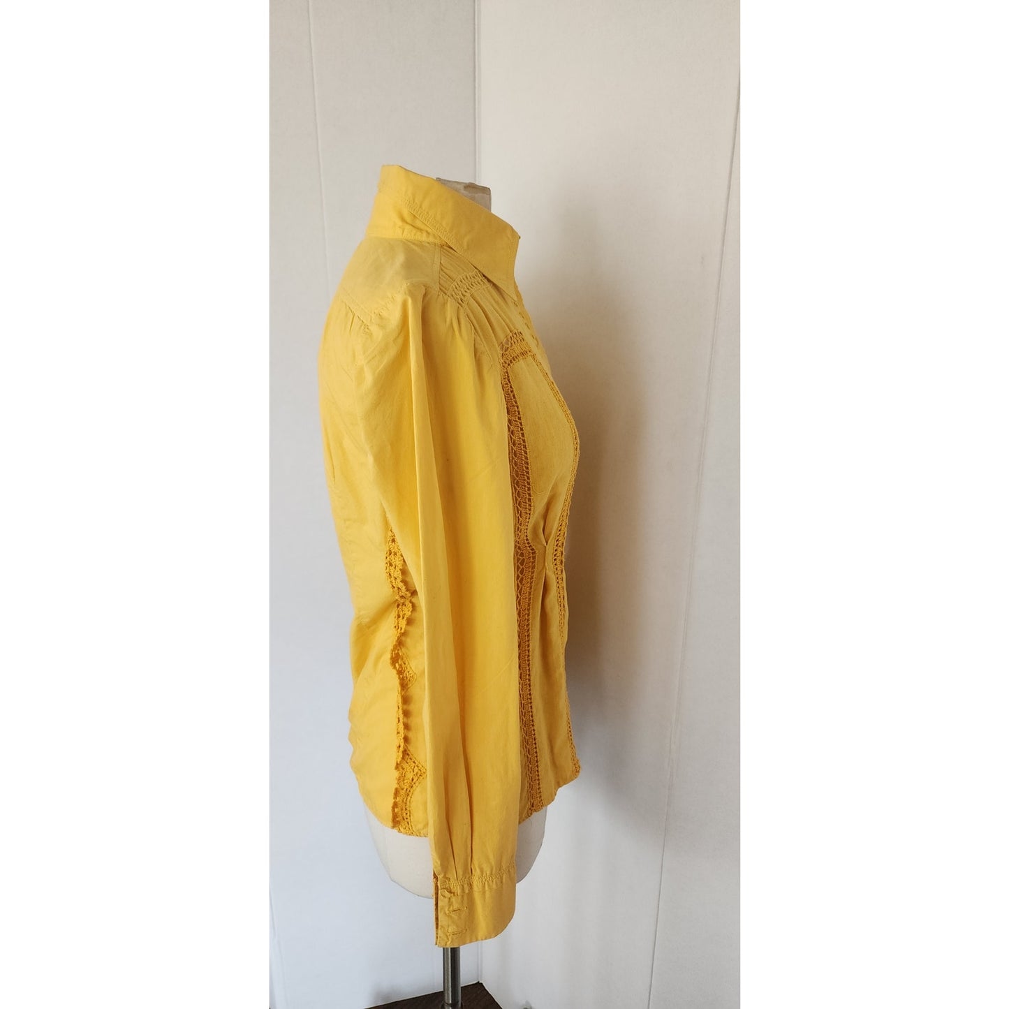 Vintage Yellow Shirt Button Down by Philosophy Alberta Ferretti w/ Crochet Trim Small