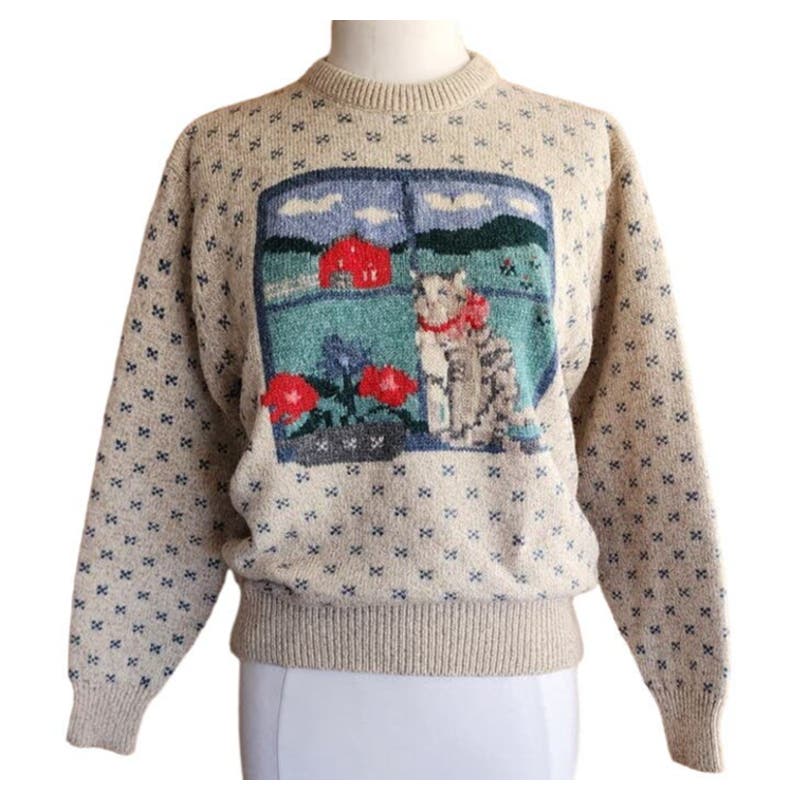 Vintage 80s Cat Sweater Eddie Bauer Wool Blend