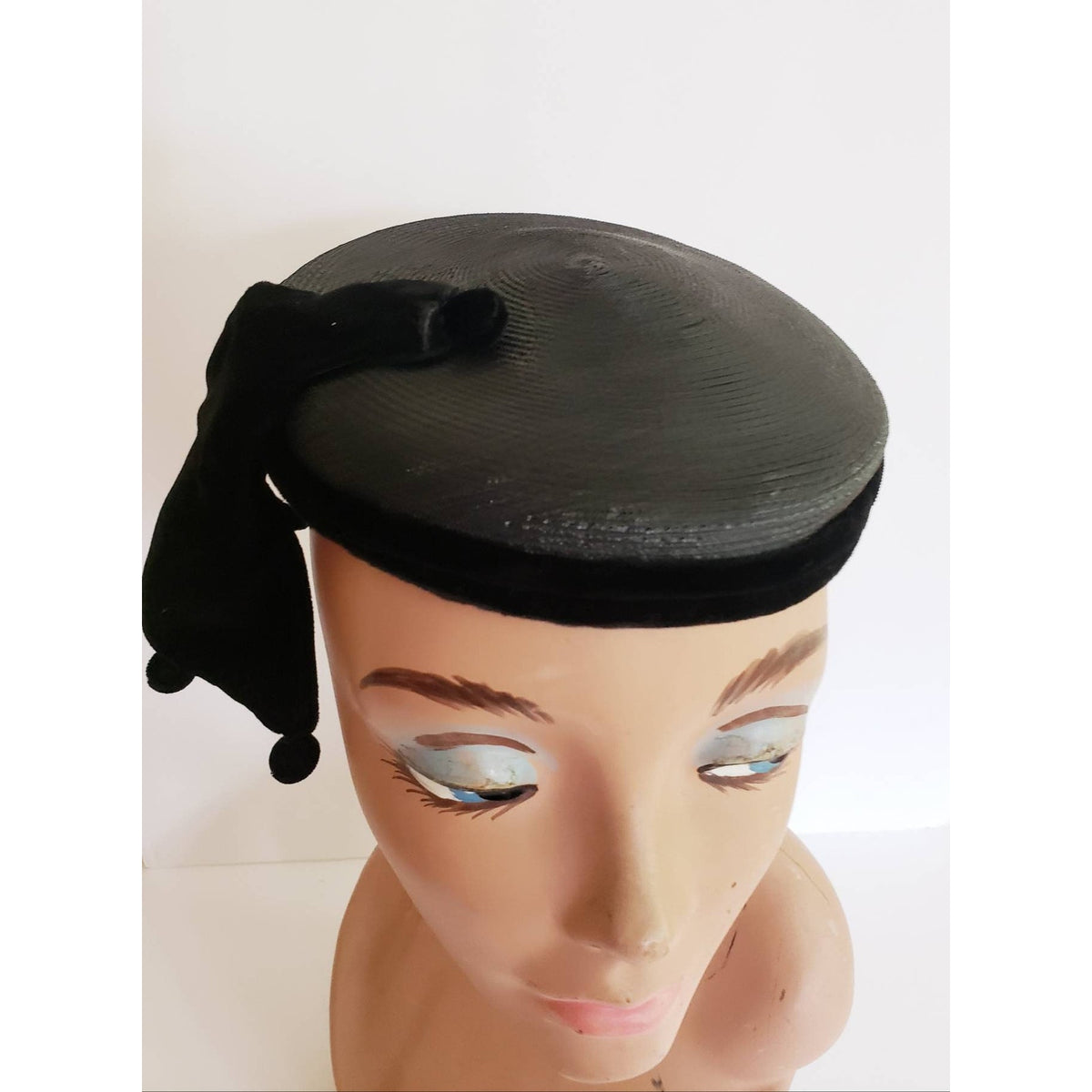 Vintage 1950s Black Hat Fascinator Modernist Avant Garde Cocktail Beanie Hat Pom-Pom Fringe Yeagers Akron Ohio