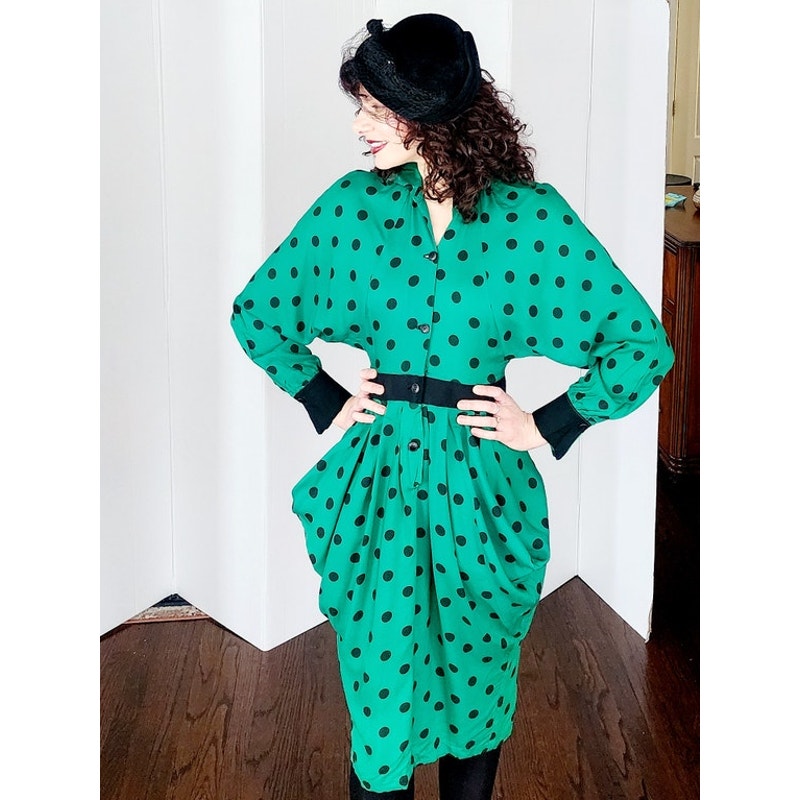 Vintage 80s Does 40s Green Polkadot Print Dress Peplum Pockets  / Strawberry Studio / S