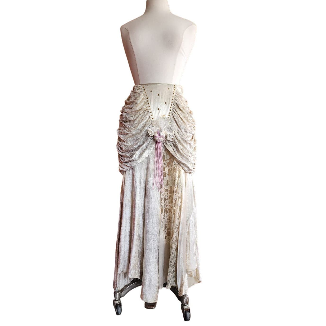 Vintage 80s Long Velvet Skirt Maick Harold, Asymmetrical w/Lace, Beads