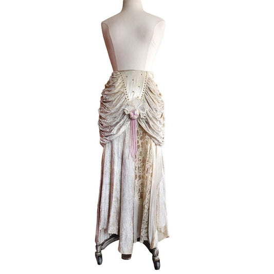 Vintage 80s Long Velvet Skirt Maick Harold, Asymmetrical w/Lace, Beads