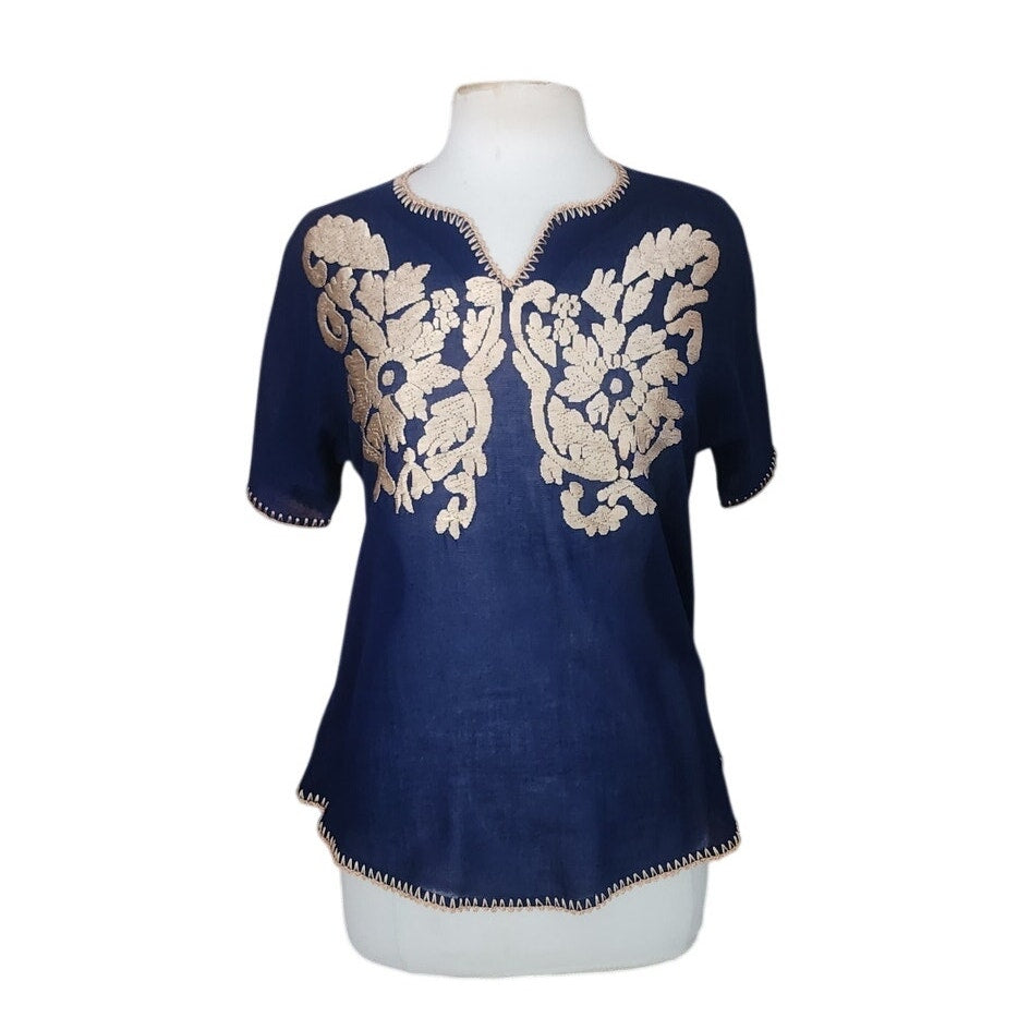 Vintage 70s 80s Royal Blue Gold Embroidered Tunic Top Sequin Caftan Blouse