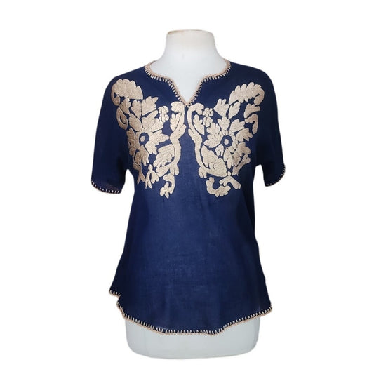 Vintage 70s 80s Royal Blue Gold Embroidered Tunic Top Sequin Caftan Blouse