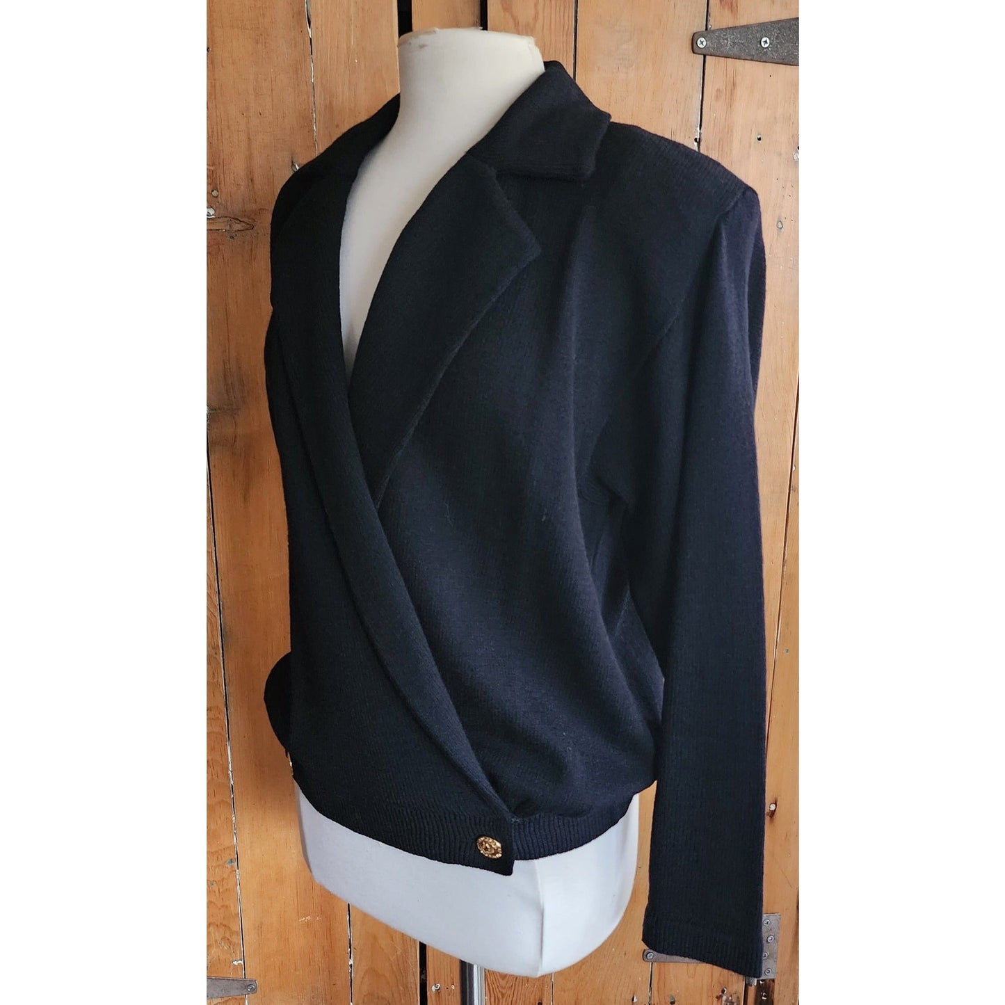 Vintage 80s St John Knit Sweater Jacket in Black, Wrap Style