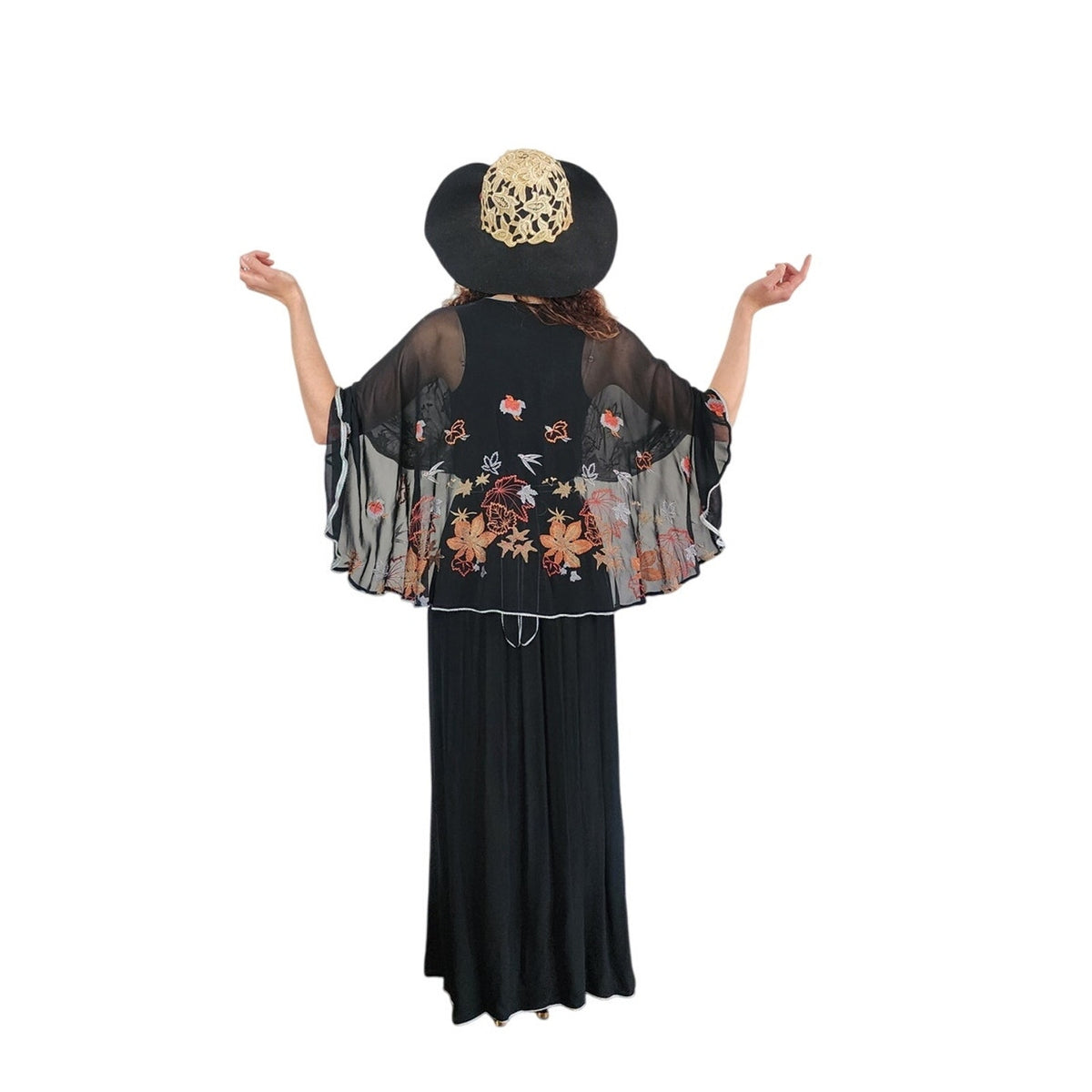 Vintage 1970s Janice Wainwright Dress Embroidered Black Maxi Butterfly Sleeves XS Tall